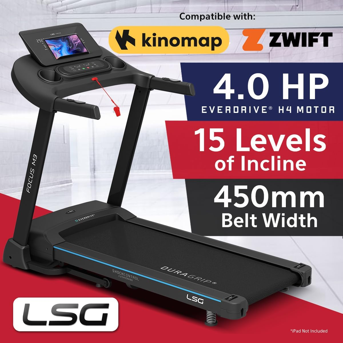 LSG Focus Treadmill with Everdrive&reg; H4 Motor, 15 Levels of Automatic Incline, 1.0 to 18Km/H Speed Range, Shockcontrol&trade; Basic Cushioning System, Spacious Duragrip&reg; Belt & 20 Preset Workout Programs image number 2