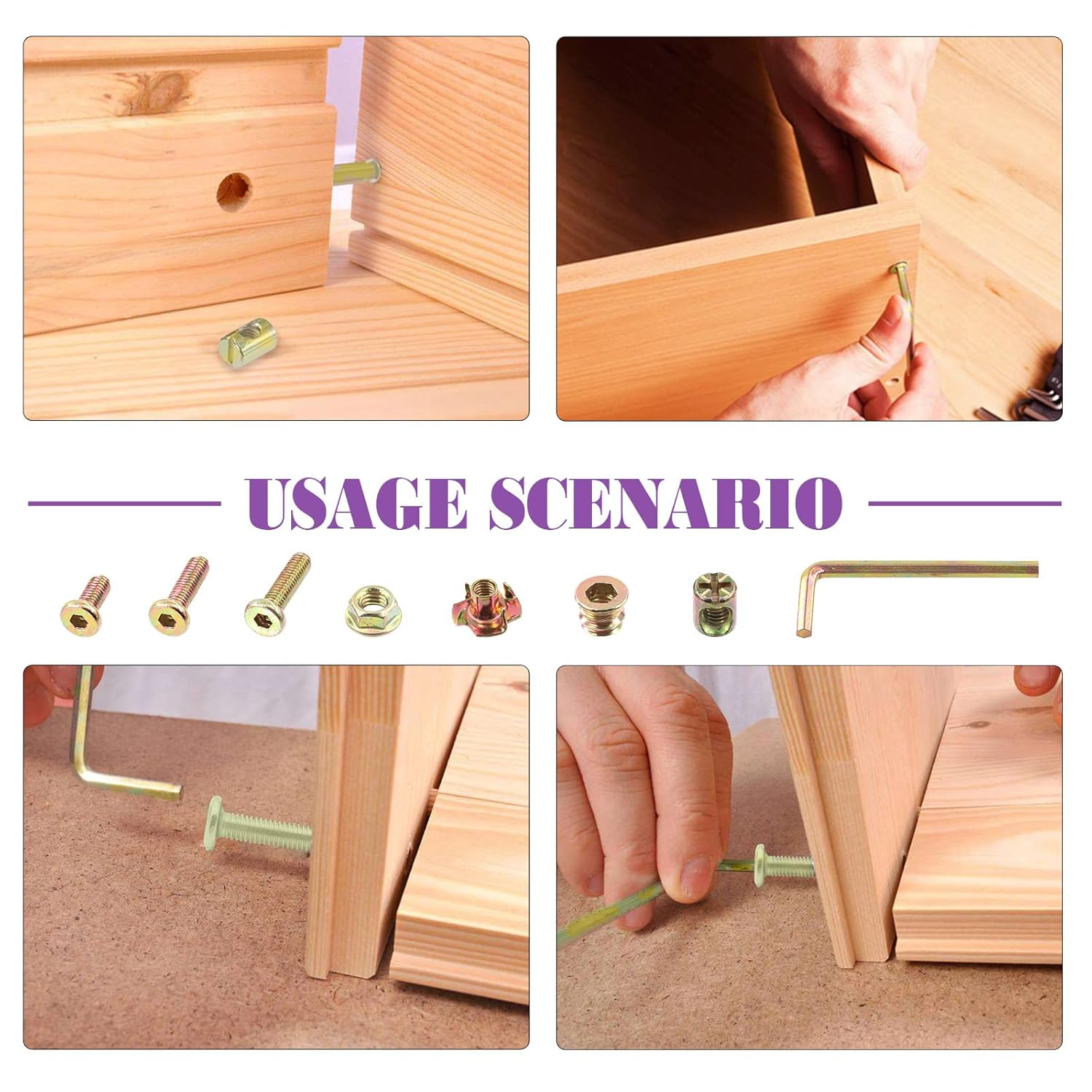 Swpeet 181Pcs M6 X 15Mm - 80Mm Color Zinc Flat Head Hex Socket Cap Baby Crib Bed Bolts Nuts Screws and Threaded Insert Nuts with Flange Nuts and 4 Pronged Tee T Nuts Assortment Kit with Allen Wrench image number 1