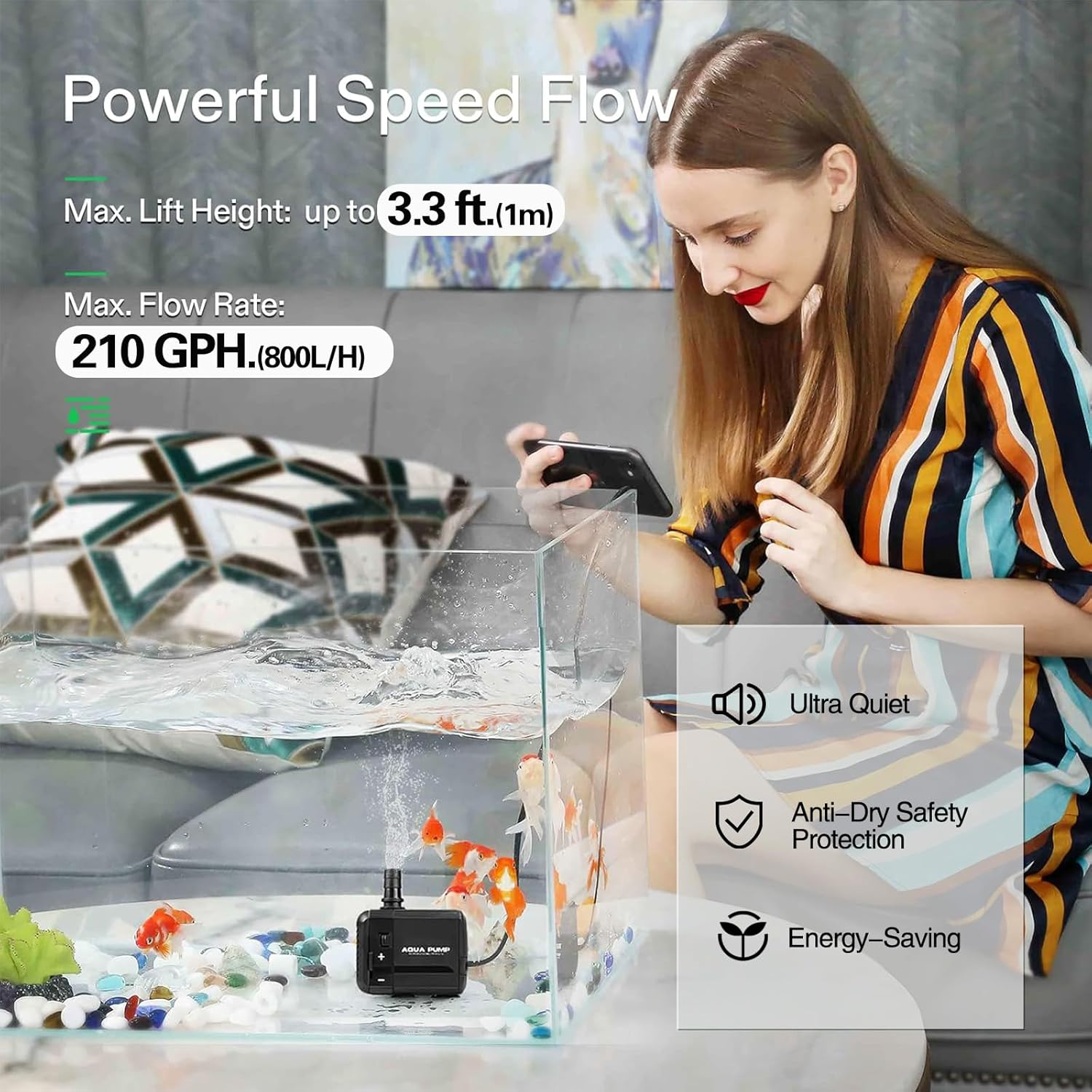 Submersible Pump, 800L/H 8W Ultra Quiet Aquarium Water Pump with 1M High Lift, with 1.4M Power Cord, 1 Nozzle for Fish Tank, Pond, Aquarium, Statuary, Hydroponics Black image number 5