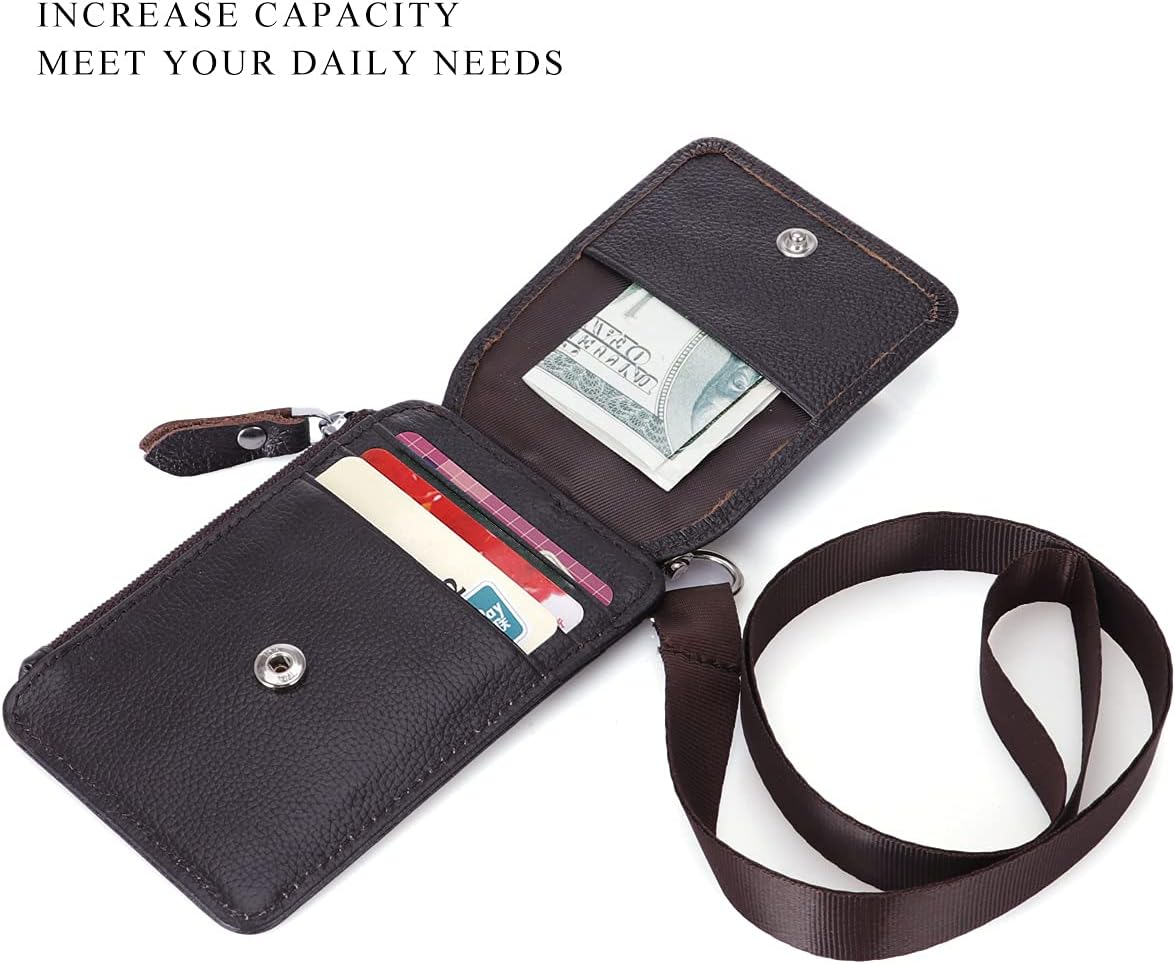 Badge Holder with Zipper Genuine Leather RFID Keychain Wallet Neck Lanyards with Swivel Hook for Card/Coin/Cash, Coffee - Coffee image number 2