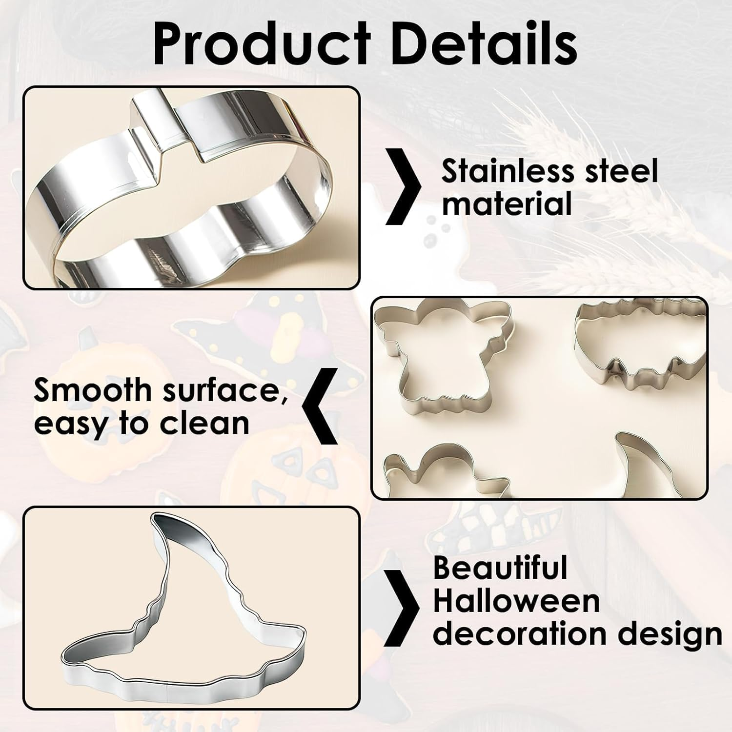 Halloween Cookie Cutters Set Large, 6 Pack Premium Stainless Steel Metal Cookie Cutters, Witch'S Hat, Pumpkin, Ghost, Bat, Tombstone and Cat Halloween Cookie Cutter (Silver)