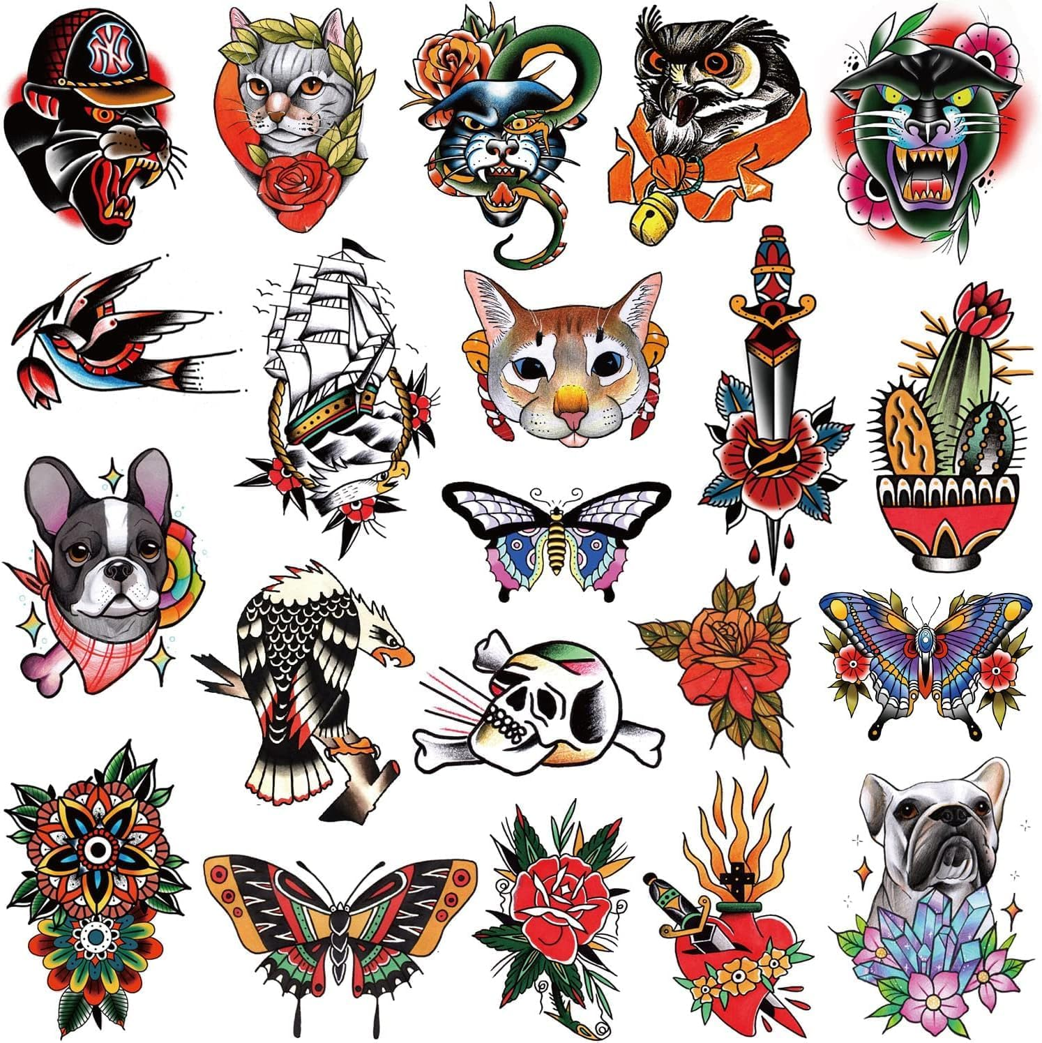 Temporary Classic Tattoos Adult Kids Old School Skull Tiger Sword Cat Eagle Snake Lotus Flower Butterfly Half Arm Realistic Fake Tattoos Sticker for Women Men 8 Sheets image number 4