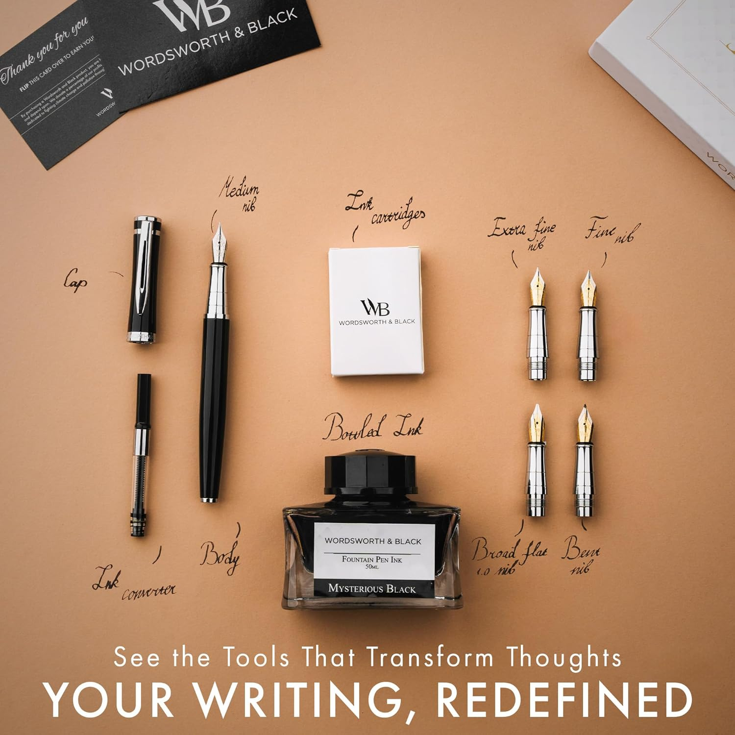 Wordsworth & Black Fountain Pen Gift Set, Includes Ink Bottle, 6 Ink Cartridges, Ink Refill Converter, 4 Replacement Nibs, Premium Package, Journaling, Calligraphy, Smooth Writing Pens [Black Chrome] - Blue Chrome image number 5