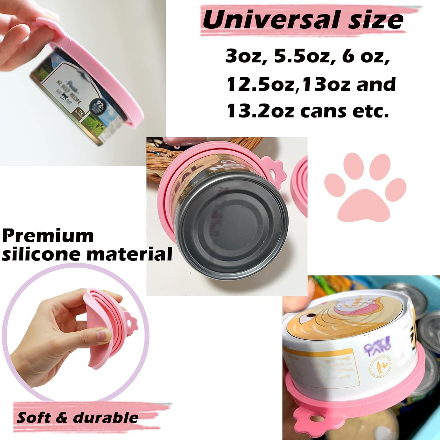3 Pcs Pet Food Can Lids & Spoon | Cute Paw Shape Opener Spatula | Universal BPA Free Silicone Covers for Dog Cat Cans (Pink) - Dark Blue image number 2