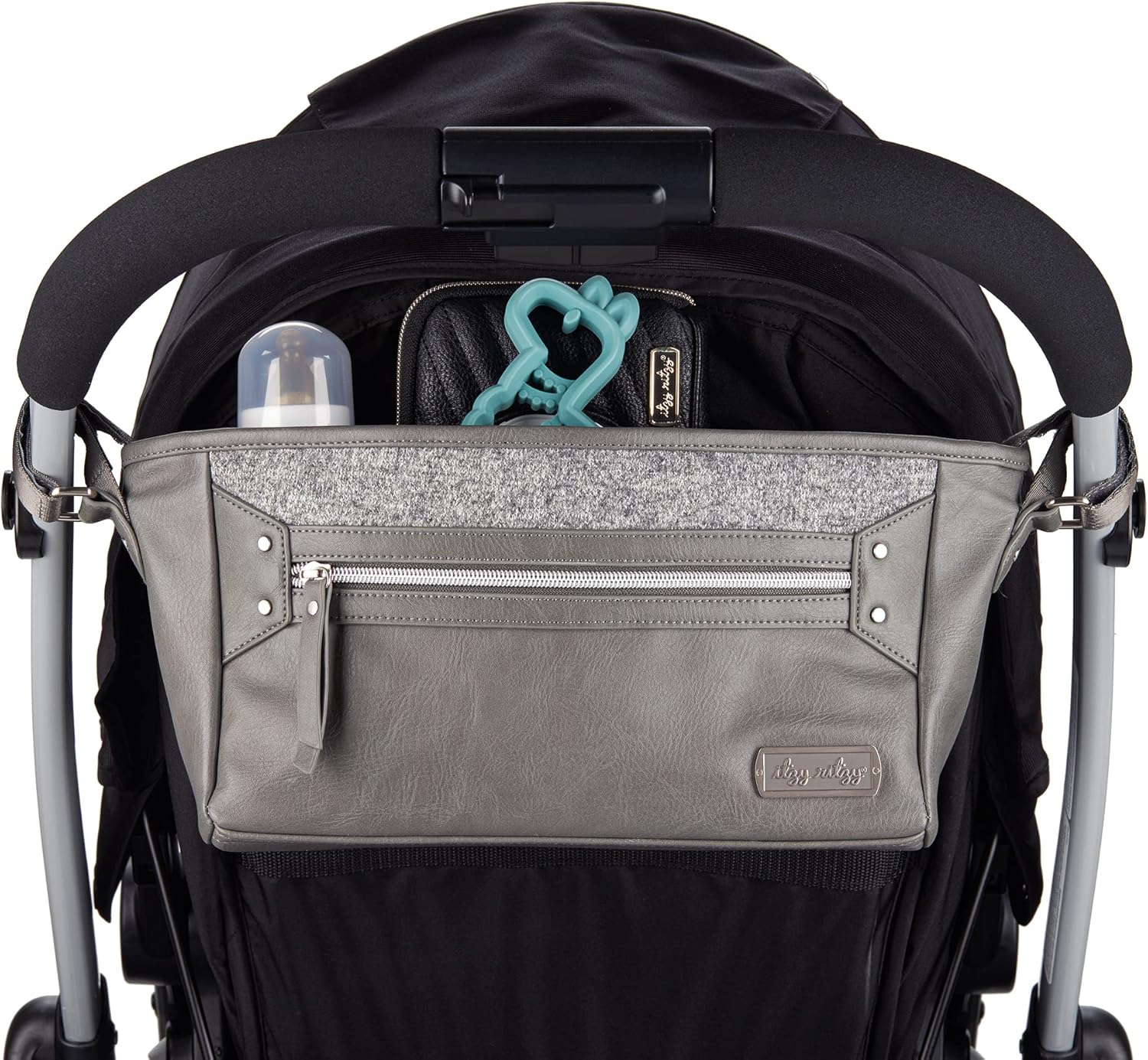 Itzy Ritzy Adjustable Stroller Caddy, Stroller Organizer Featuring Two Built-In Pockets, Front Zippered Pocket and Adjustable Straps to Fit Nearly Any Stroller, Grayson