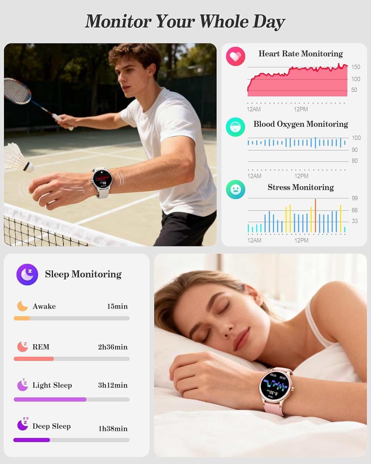 Smart Watch, 41Mm Fitness Tracker Watch, Answer/Make Calls, 1.27&rsquo;&rsquo; Digital Smartwatch with AI Voice, IP68 Waterproof Watch Calculator, Calendar, Games for Ladies, Women & Men - White image number 3