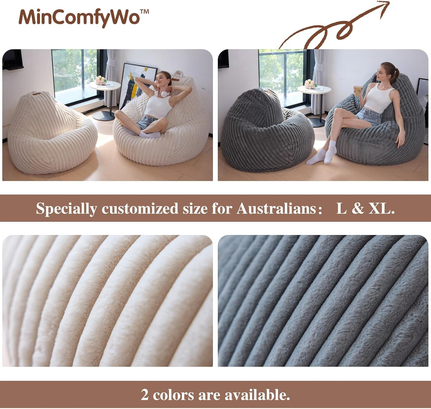 Mincomfywo Large Bean Bag Chair Cover (No Filler)- Stuffable Soft Beanbag Cover, Adults Lounge Gaming Lazy Sofa Bed for Living Room Bedroom (XL, Beige) image number 5