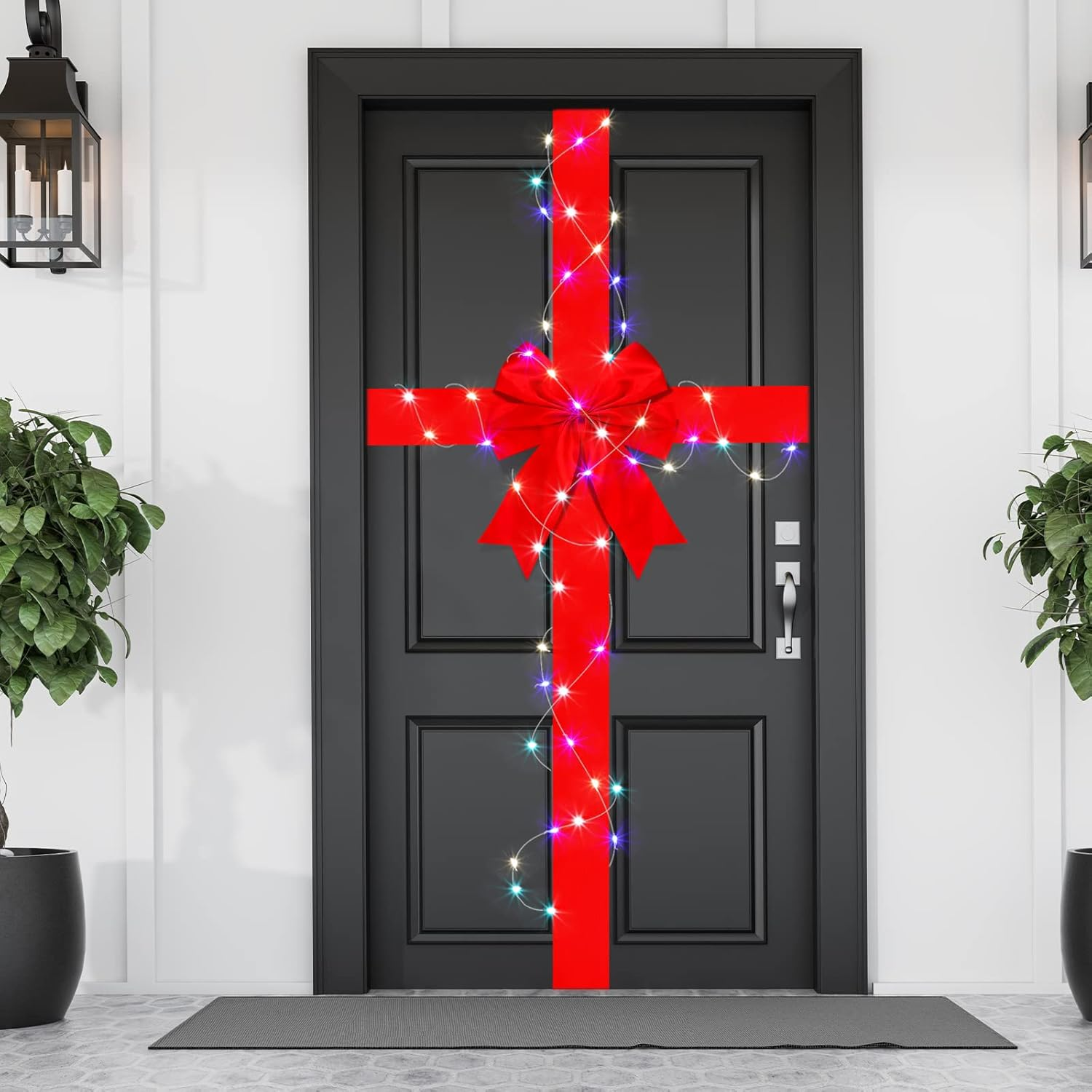 Spiareal Christmas Cabinet Door Ribbon Bow with LED Light Large Glowing Wreath Tree Festival Wrapping Ations for Fireplace Home Front (Red) image number 1