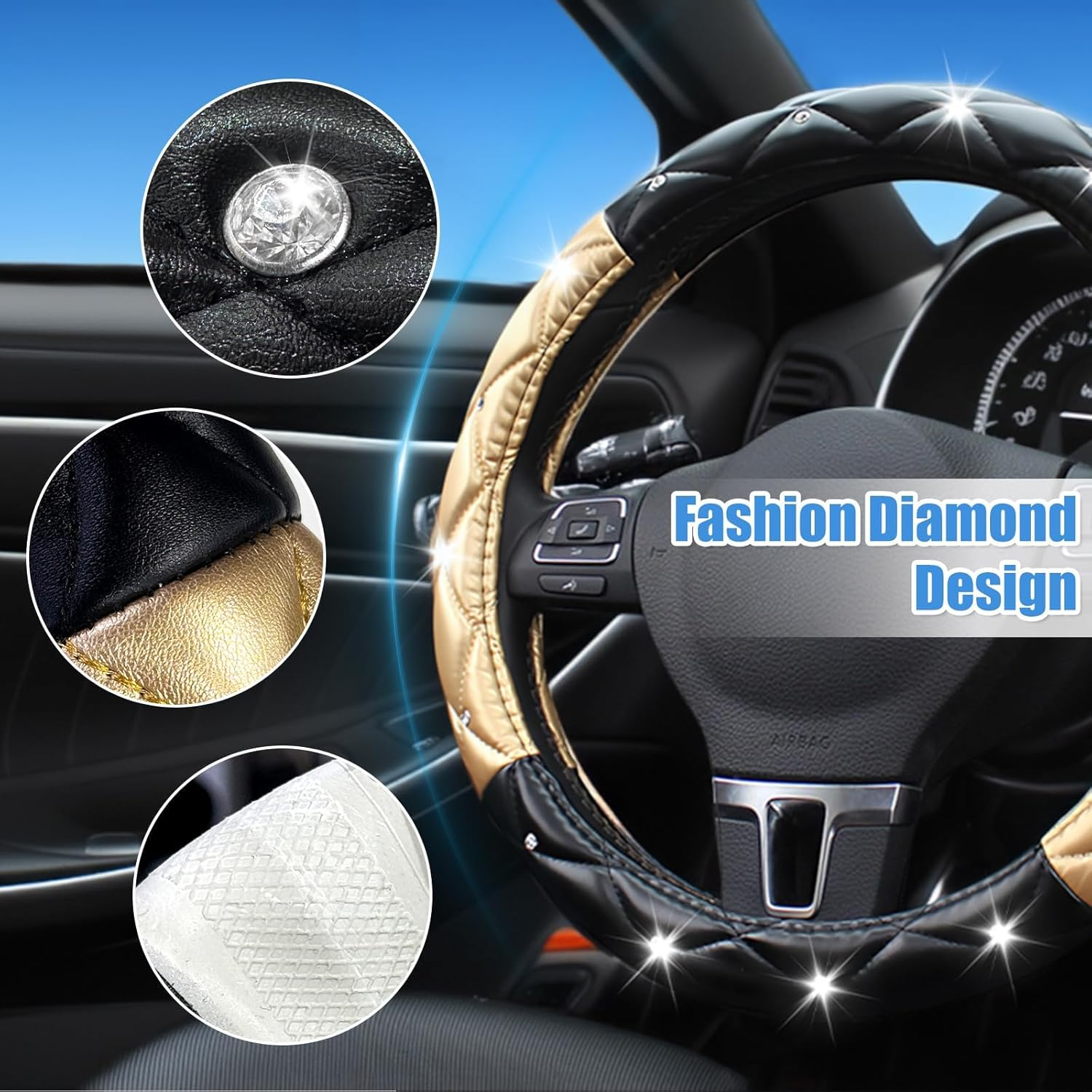 Superkaka Black and Gold Steering Wheel Cover, Auto Cute Diamond Bling Soft Comfort Leather Car Interior Accessories Protector Sparkly Fit Most O-Shaped Steering Wheels image number 1
