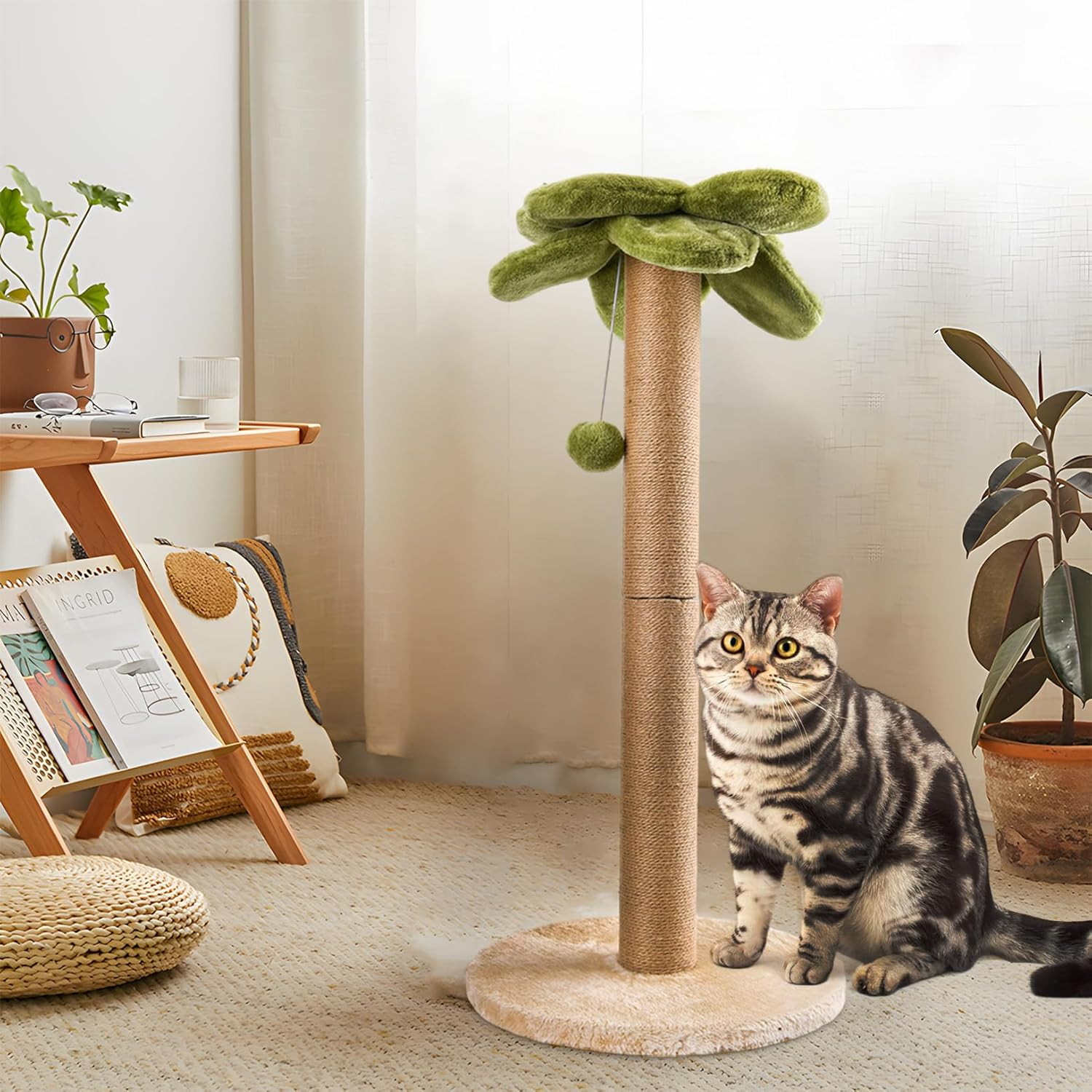LIFLIX Palm Tree Cat Scratching Post, Sturdy 86Cm Tall Sisal Scratch Post with Interactive Dangling Ball, Cute Cat Scratcher for Indoor Adult Cats
