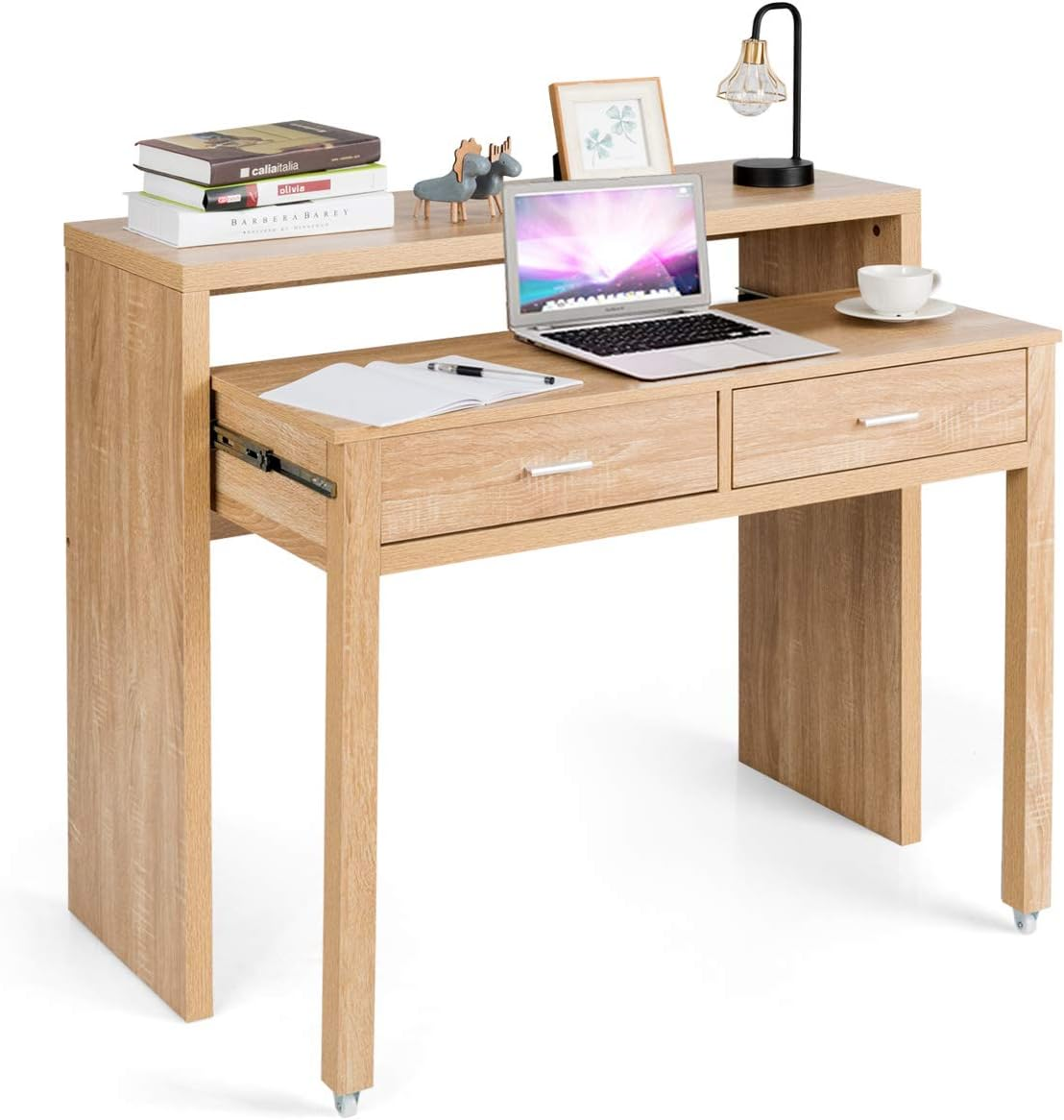 Giantex Extending Writing Desk, Wood Pull Out Computer Desk with Top Shelf & 2 Drawers, Simple Modern Style Home Office Workstation for Small Space, Easy Assembly