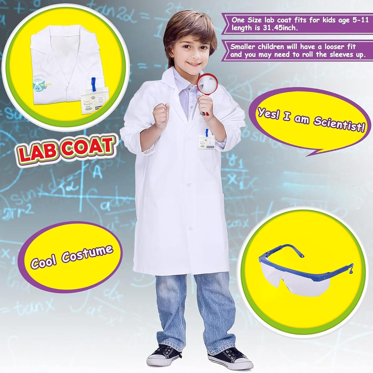 Kids Scientist Costume with Lab Coat Halloween Dress up and Role Play Toys Boys Girls Kids Christmas Birthday Party (White Scientist) image number 6