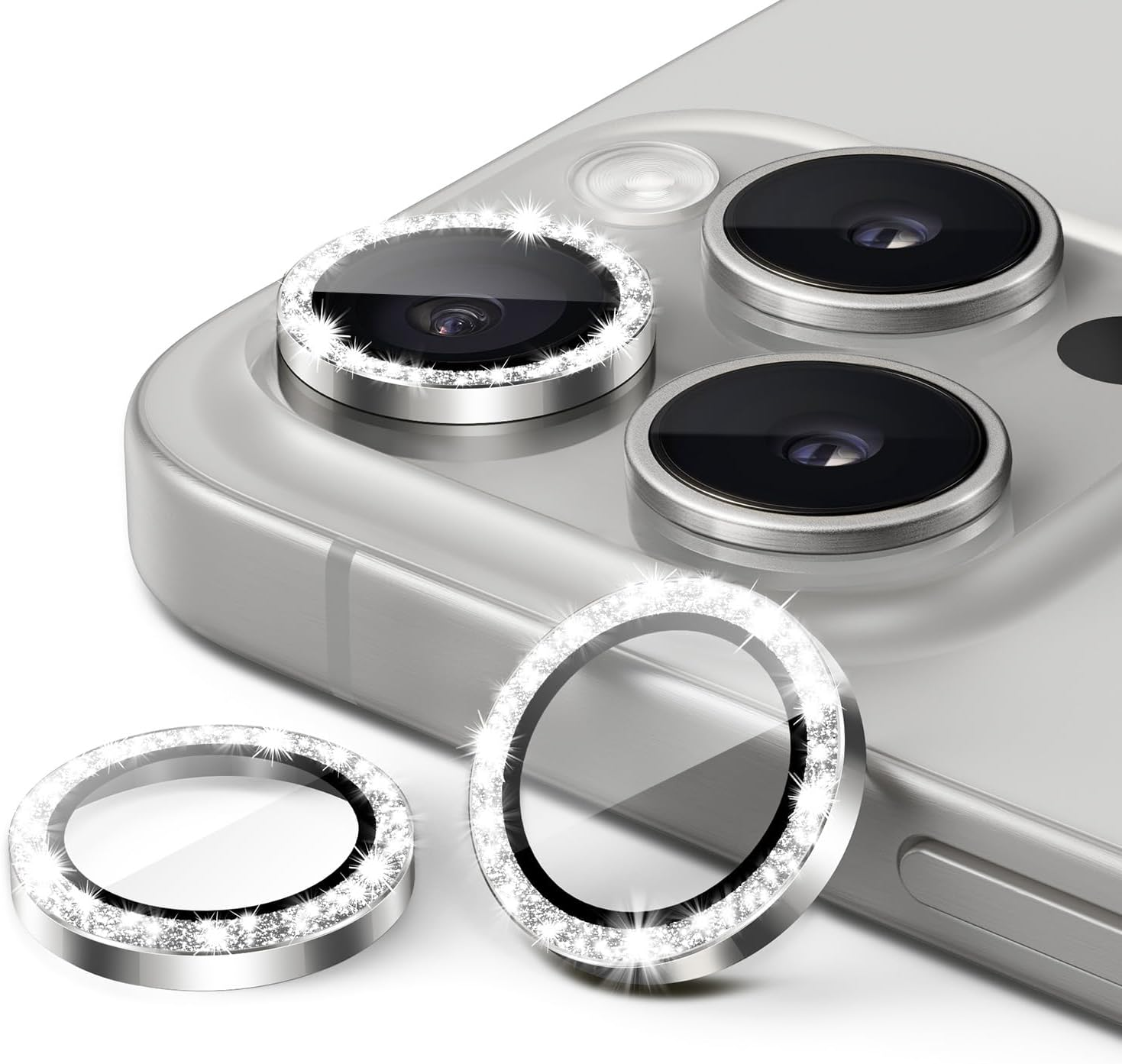 Jetech Camera Lens Protector for Iphone 15 Pro 6.1-Inch and Iphone 15 Pro Max 6.7-Inch, Bling Glitter Individual 9H Tempered Glass Metal Ring Cover, HD Clear, 1 Set (White Titanium)