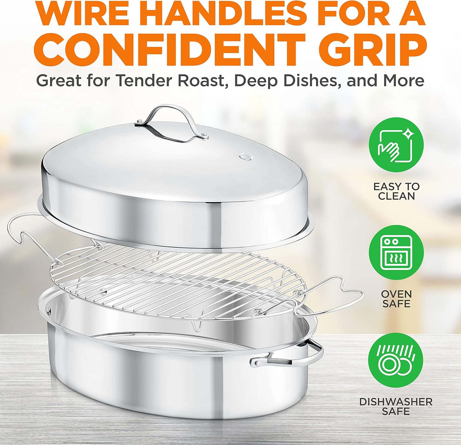 Nutrichef 20" Oval Roasting Pan with Rack and Lid - Premium Stainless Steel Roaster Dish W/Wide Handles & Removable Rack, Multi-Use Cookware for Turkey, Chicken, Stews, & More - Dishwasher Safe image number 1