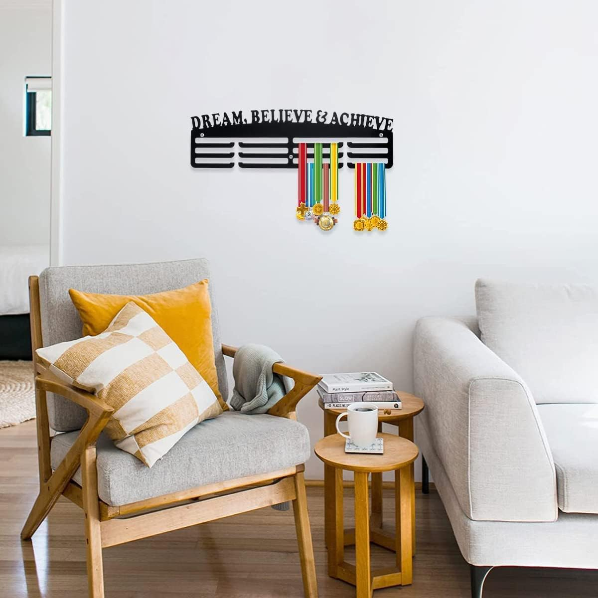 Medal Display Hanger, Wall Mounted Acrylic Medal Display Rack, Decorative Black Medal Holder with Inspirational Words Memorial Medal Hanger for Living Room Bedroom image number 6