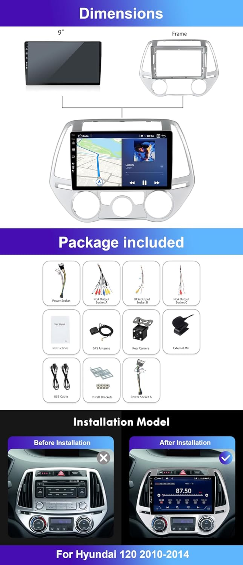 6+128G Car Stereo GPS Navigation Android 14 Head Unit for Hyundai I20 (2010-2014) Wifi BT RDS Carplay DSP Camera+Mic image number 5