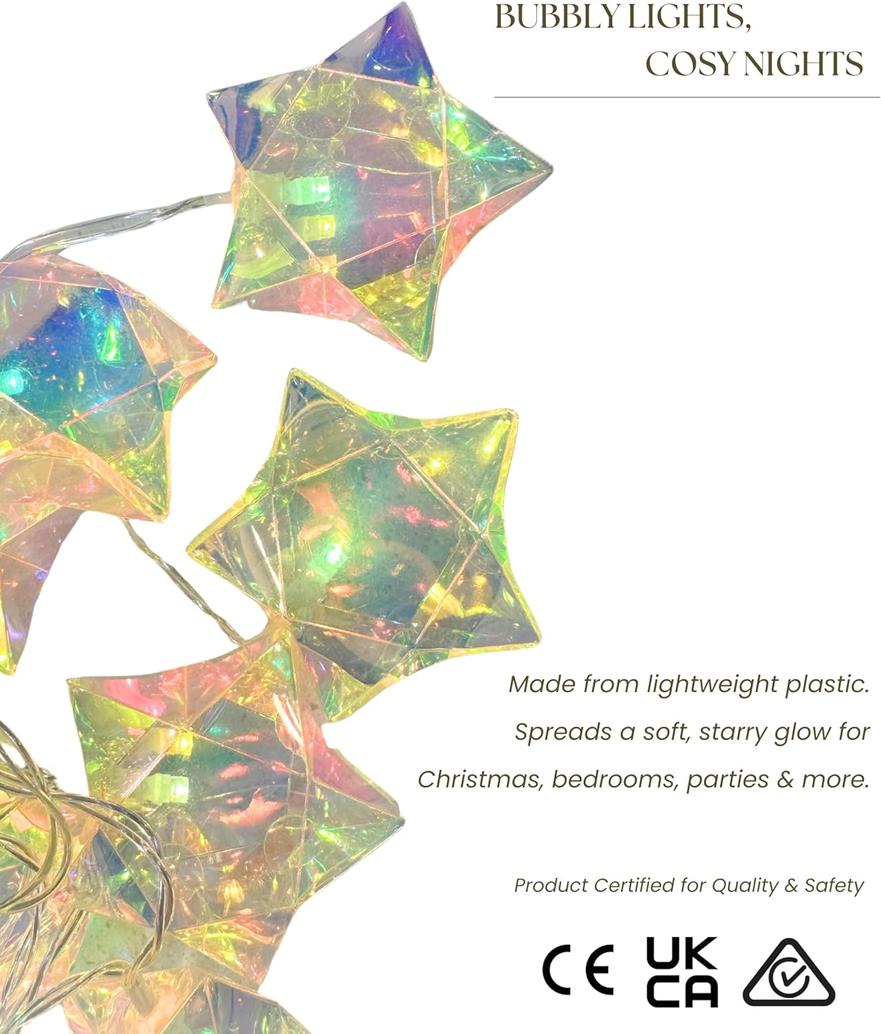 Meletē LED Iridescent Star String Lights &ndash; 3.15M (10Ft 4In), 20 Warm White Leds, Battery Operated with Timer &ndash; Fairy Lights for Indoor Use, Christmas, Bedroom, Party Decoration image number 1