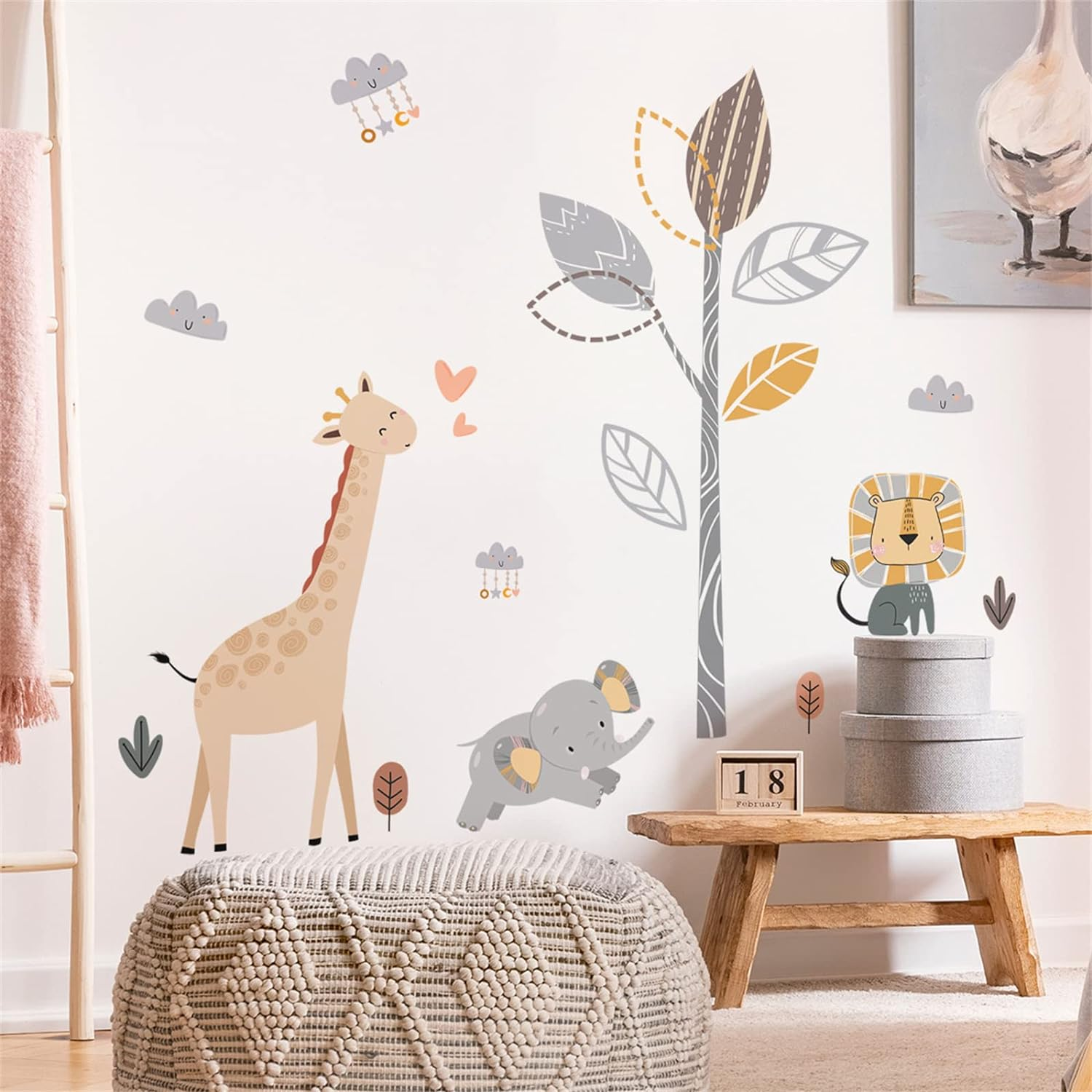 Safari Elephant Tree Wall Decals Peel and Stick Giraffe Stickers Jungle Nursery Wallpaper Boho Rainbow Baby Room Wall Decor