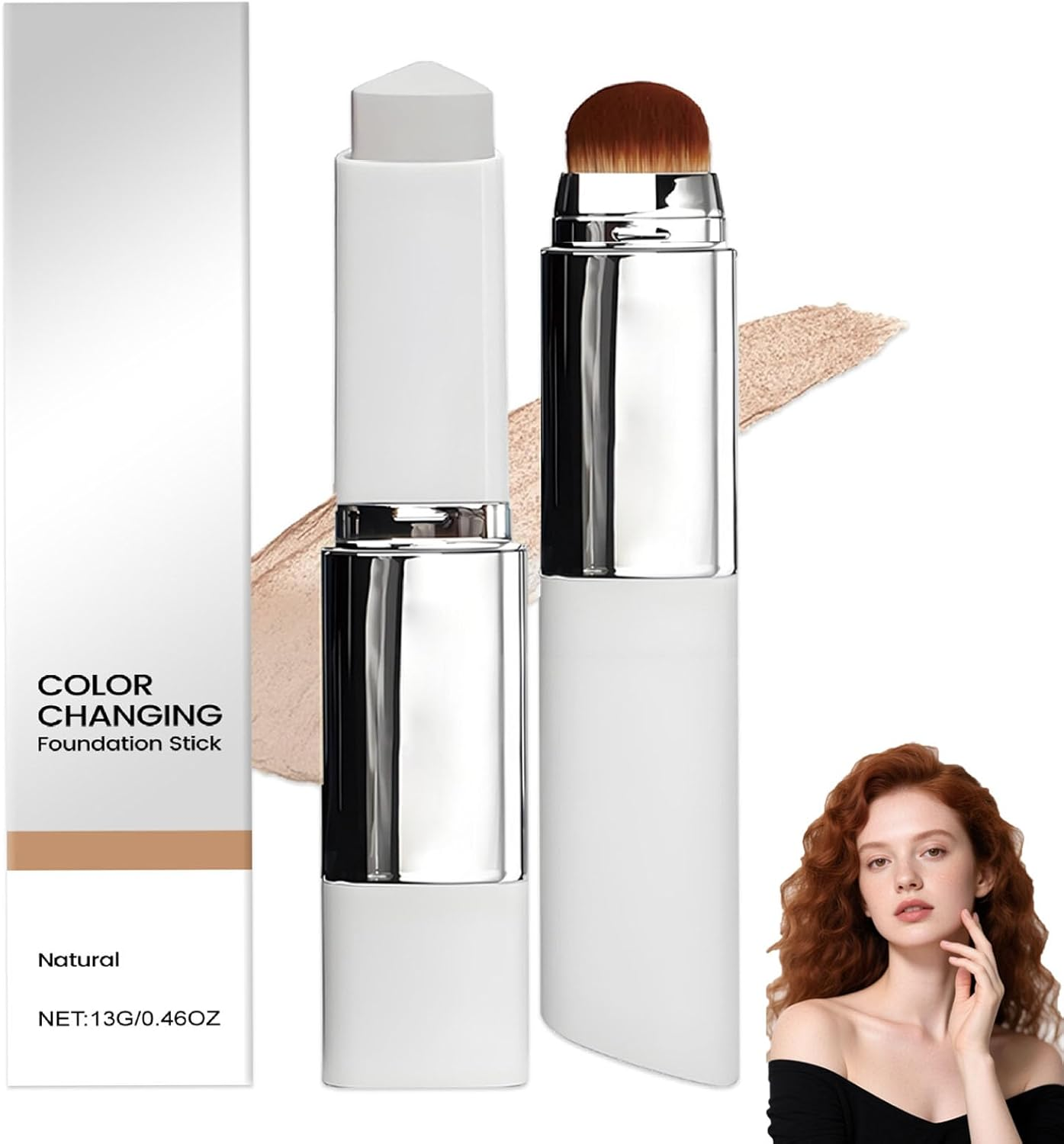 Color Changing Foundation Stick, 2-In-1 Foundation Stick, Hydrating Concealer, Brightening & Even Skin Tone, Waterproof & Sweatproof, Full to Medium Coverage Makeup, Lightweight, with Brush (Natural)
