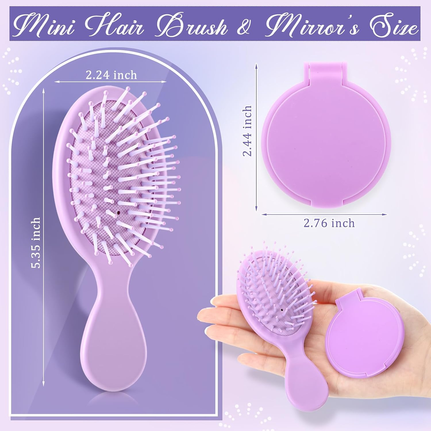 Meanplan 24 Pcs Mini Hair Brush Set 12 Travel Wet Dry Hair Combs Pocket Detangling 12 Compact Folding Makeup Mirrors for Spa Sleepover Birthday Bridal Shower Bachelorette Christmas Party Gift(Purple) image number 3