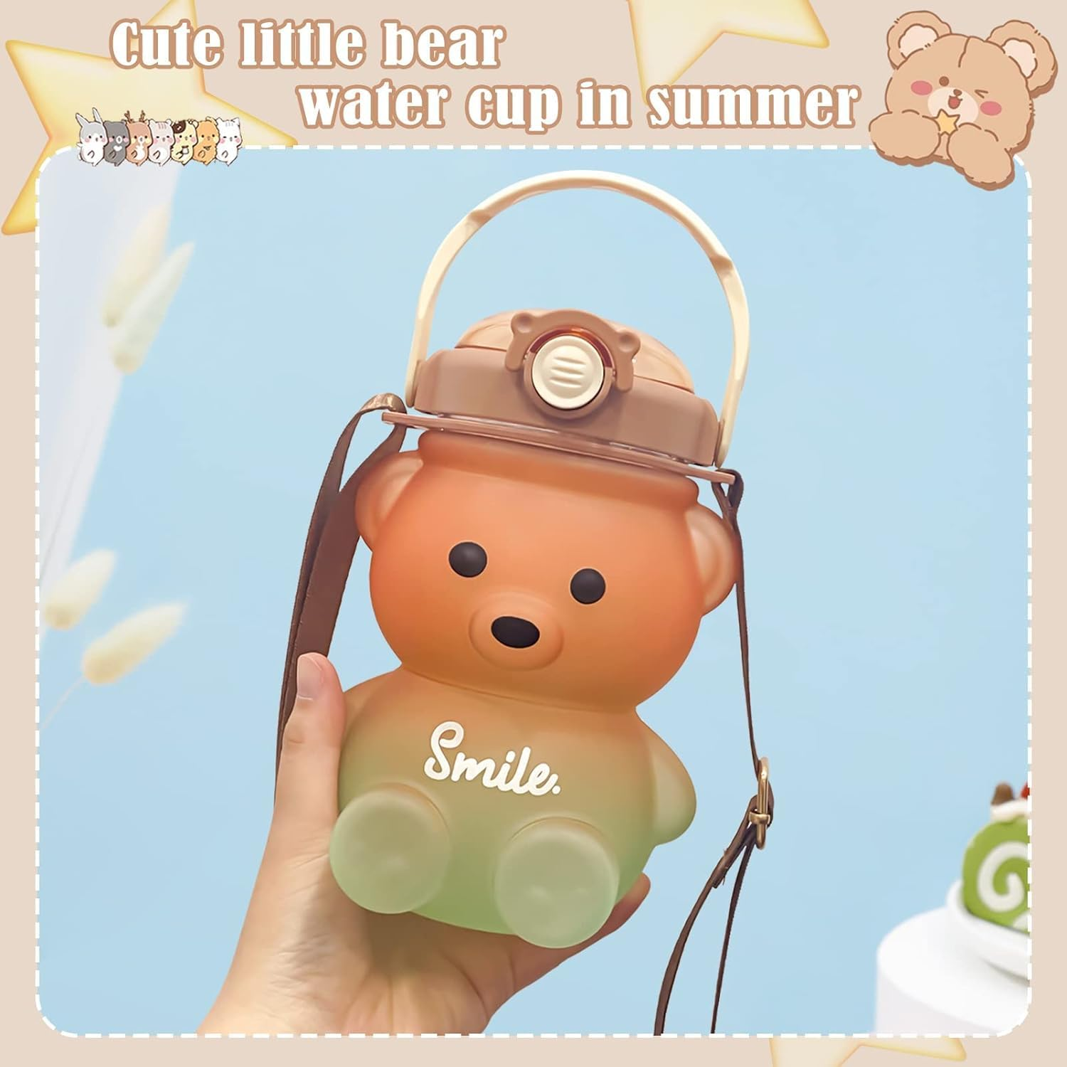 Cute Bear Water Bottle with Strap and Straw, 32Oz Kawaii Kids Water Bottles, Leak-Proof Plastic Drinking Cups for Girls Women School Sports Camping Picnic Hiking Travel (Brown-Green) image number 4