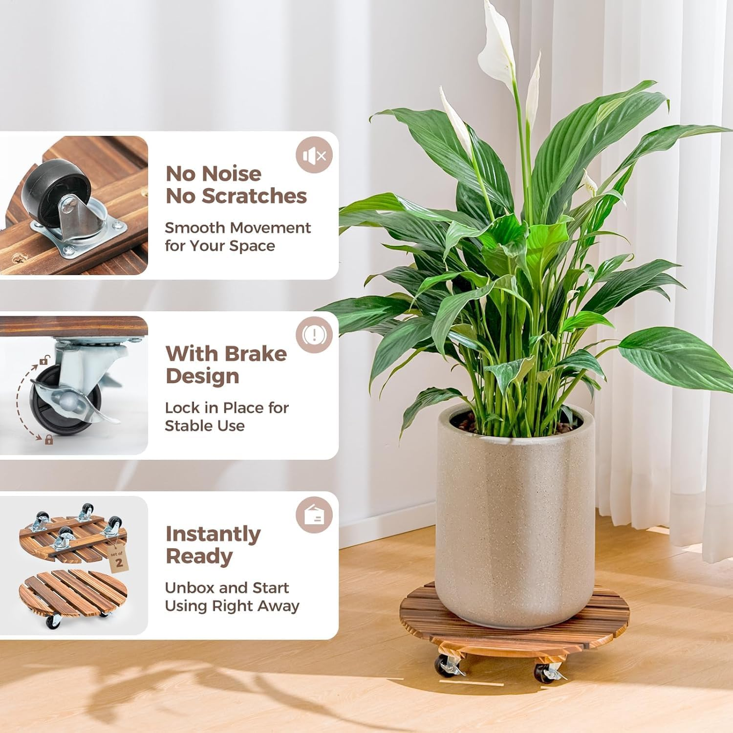 2 Pack Plant Caddy Wooden 40Cm/16Inch, Large Plant Stand with Wheels Heavy Duty Rolling Plant Stand round Plant Dolly Rollers Cart with Metal Lockable Casters for Outdoor/Indoor Large Plant Pot/Flower Pot/Patio image number 4