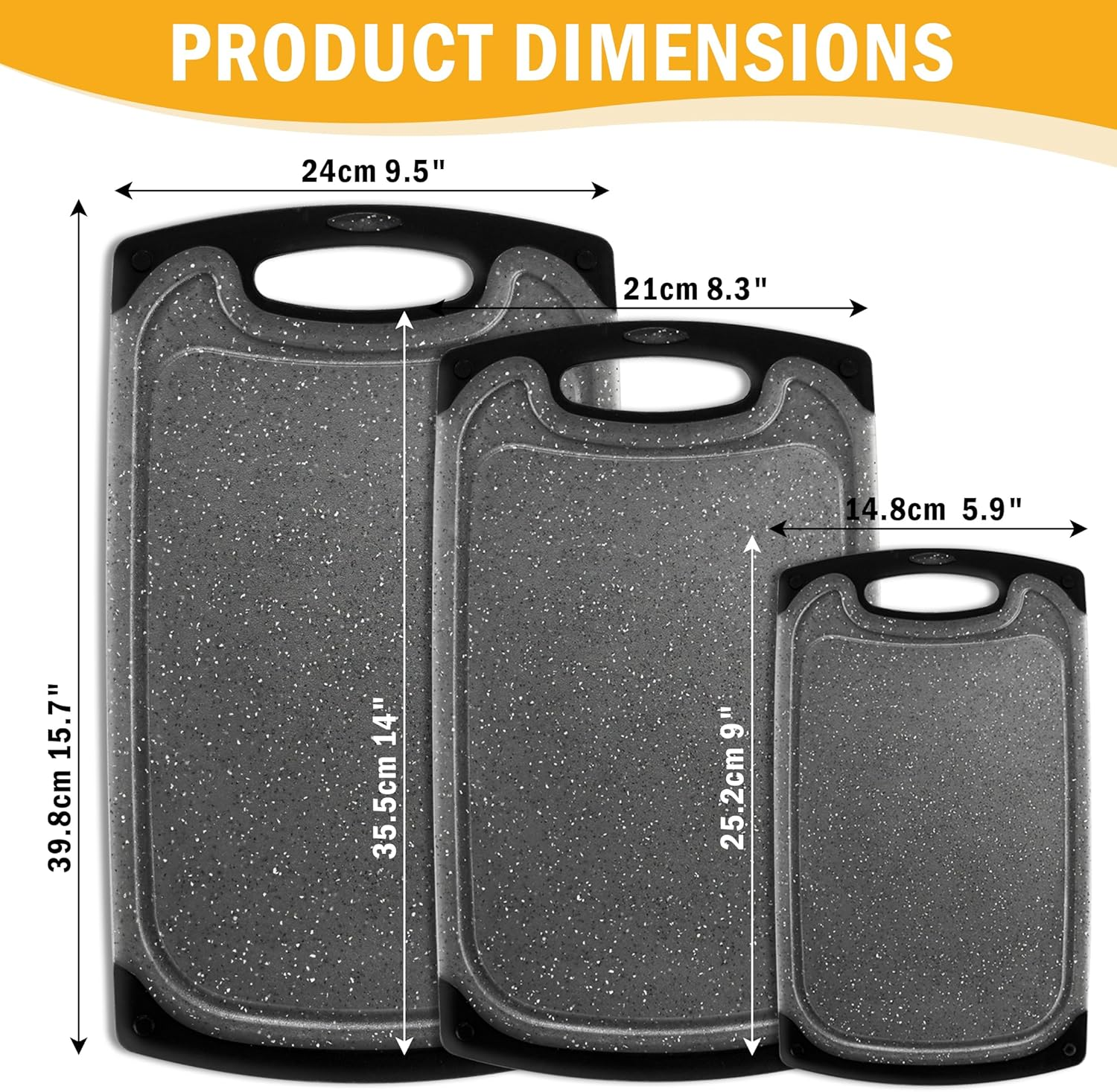 BEWOS 3 Piece Non-Slip Chopping Board Set (S/M/L) with Grinding Zone - Premium Cutting Boards Featuring Hangable Handles Secure, Deep Juice Groove & Multi-Surface Use for Home to Camping image number 6