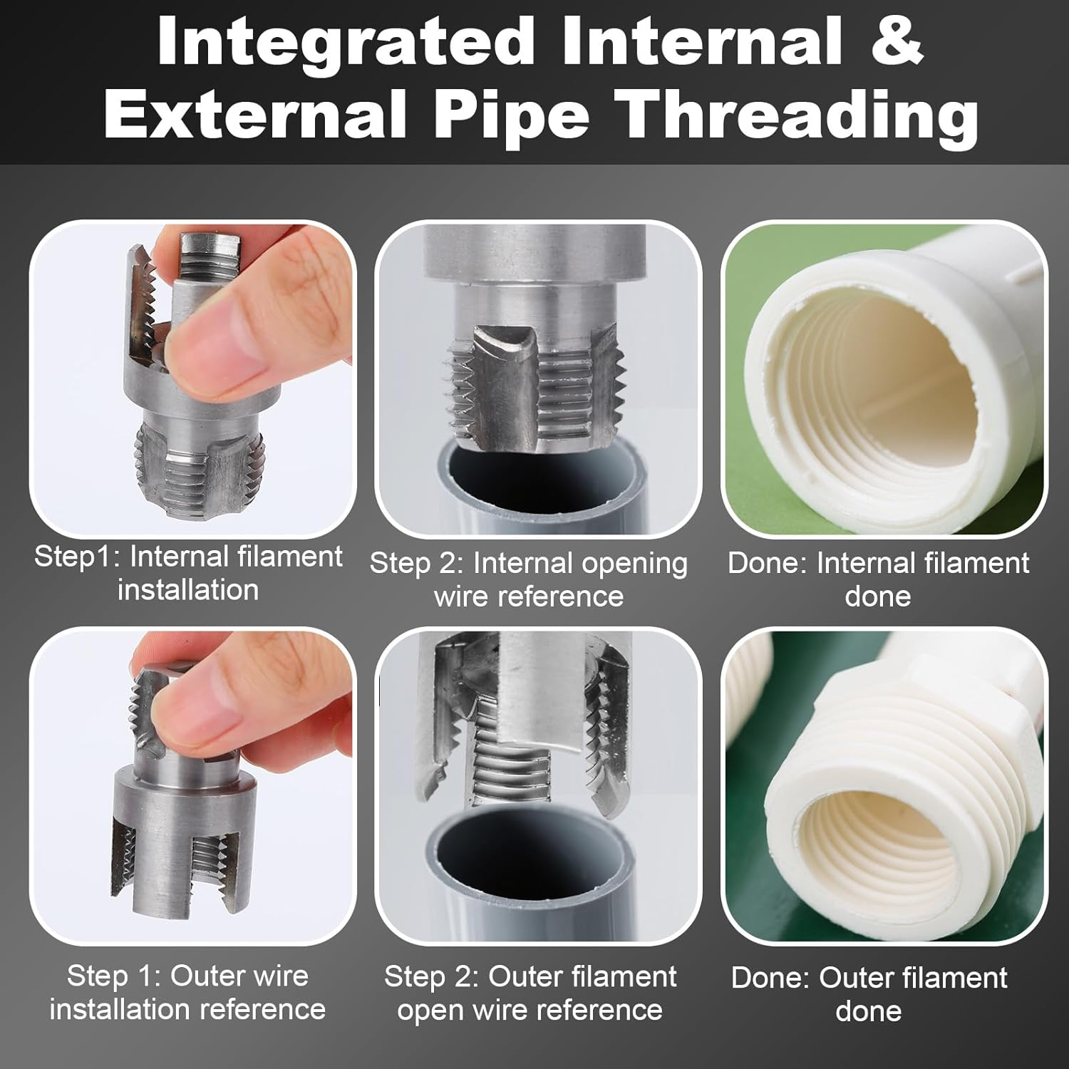 2Pcs Pipe Threading Tool, Dual-Function Integrated Internal & External Pipe Threading Tool Compatible with 1/2'' & 3/4'' Threader Kit for Home Repair image number 2