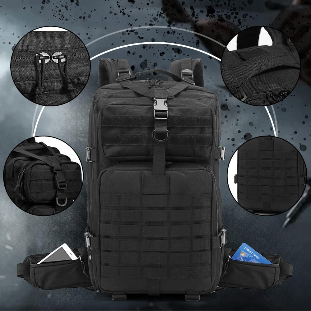 EMDMAK Military Tactical Backpack, Large Military Pack Army 3 Day Assault Pack Molle Bag Rucksack - Black image number 3