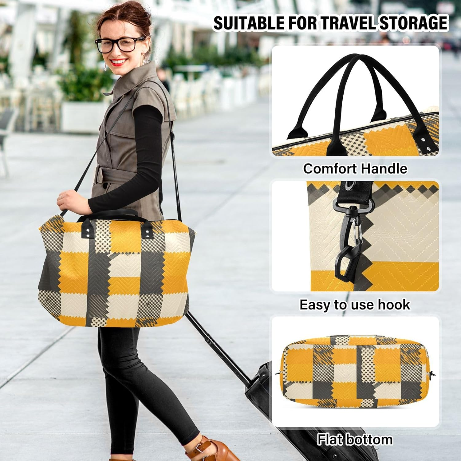 WOIWB Yellow Plaid Duffel Bag for Travel Gym Sport, Weekender Travel Bags Carry on Overnight Bag image number 3
