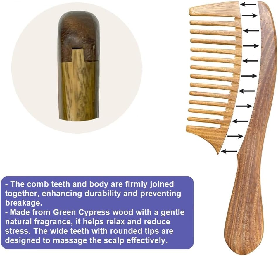 Handcrafted Green Cypress Wood Comb &ndash; Wide Teeth, Aromatic & Ergonomic Handle image number 2