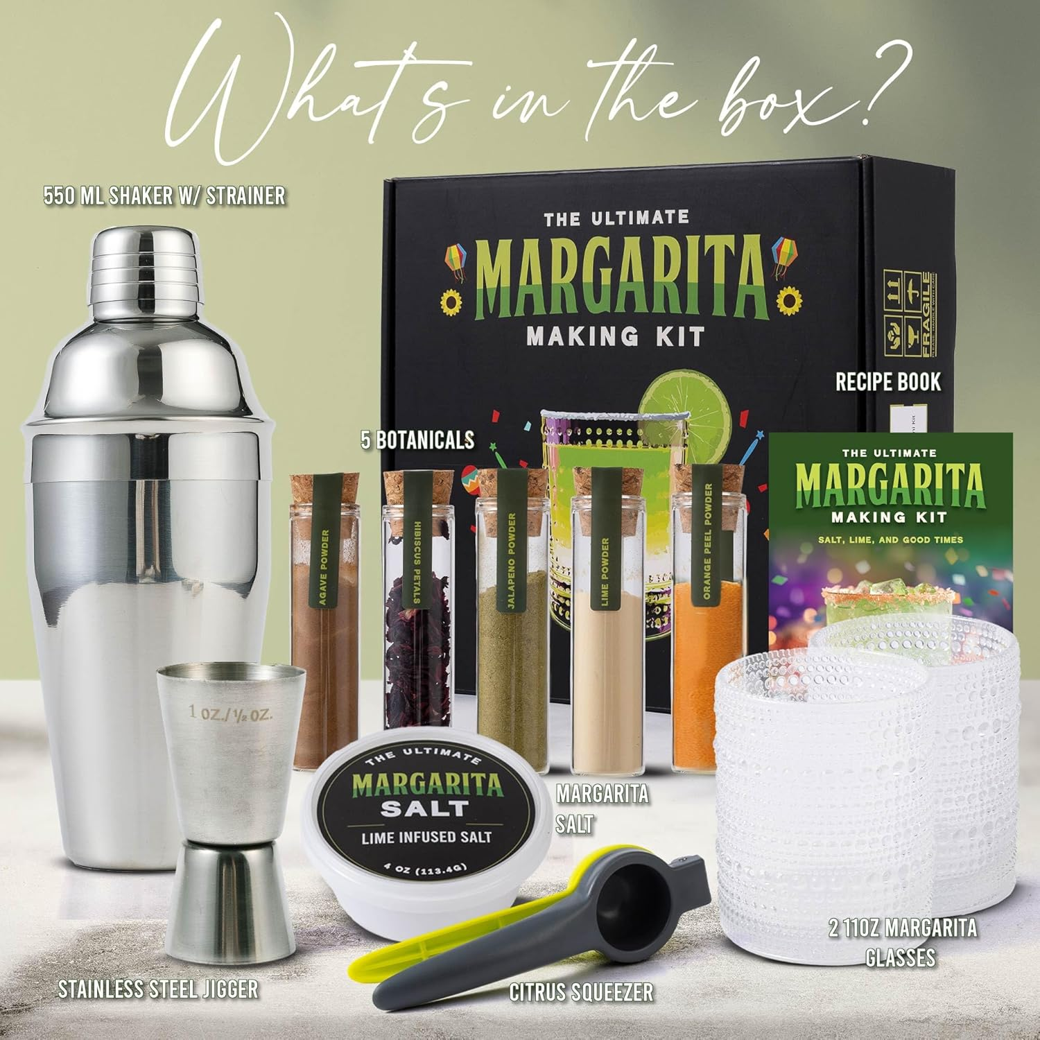 Margarita Kit Gift Set - 5 Botanicals - 2 Glasses - Stainless Steel Shaker & Jigger - Citrus Squeezer - Lime Infused Salt - Dried Lime - Recipe Book - Infusion Cocktail Kit - Basket Gift Set for Women image number 2