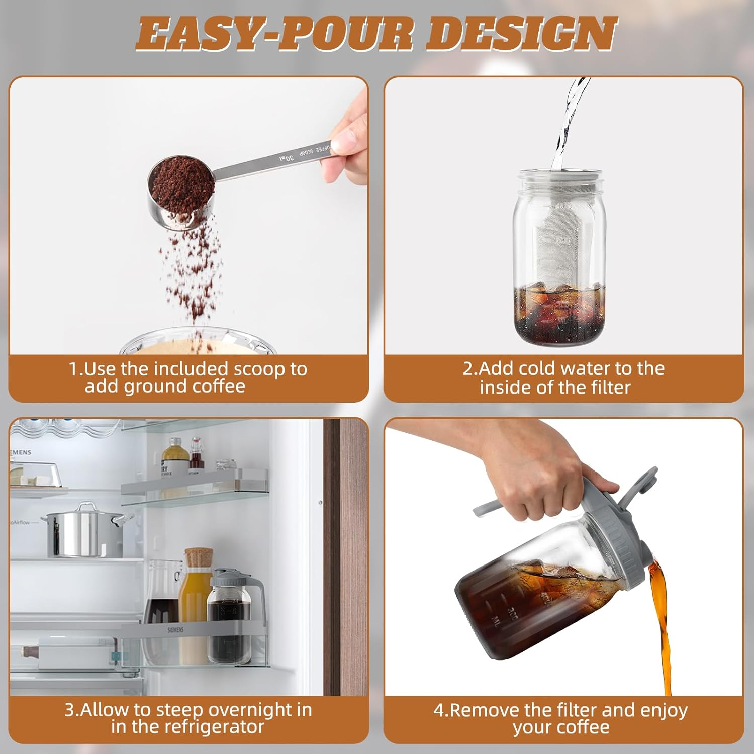 Cnsndqedke Cold Brew Coffee Maker, 32 Oz Wide Mouth Mason Jar Pitcher with Stainless Steel Filter, Pour Spout Handle Lid, Heavy Duty Glass Airtight & Leak-Proof Pitcher for Iced Coffee & Tea Lemonade image number 3