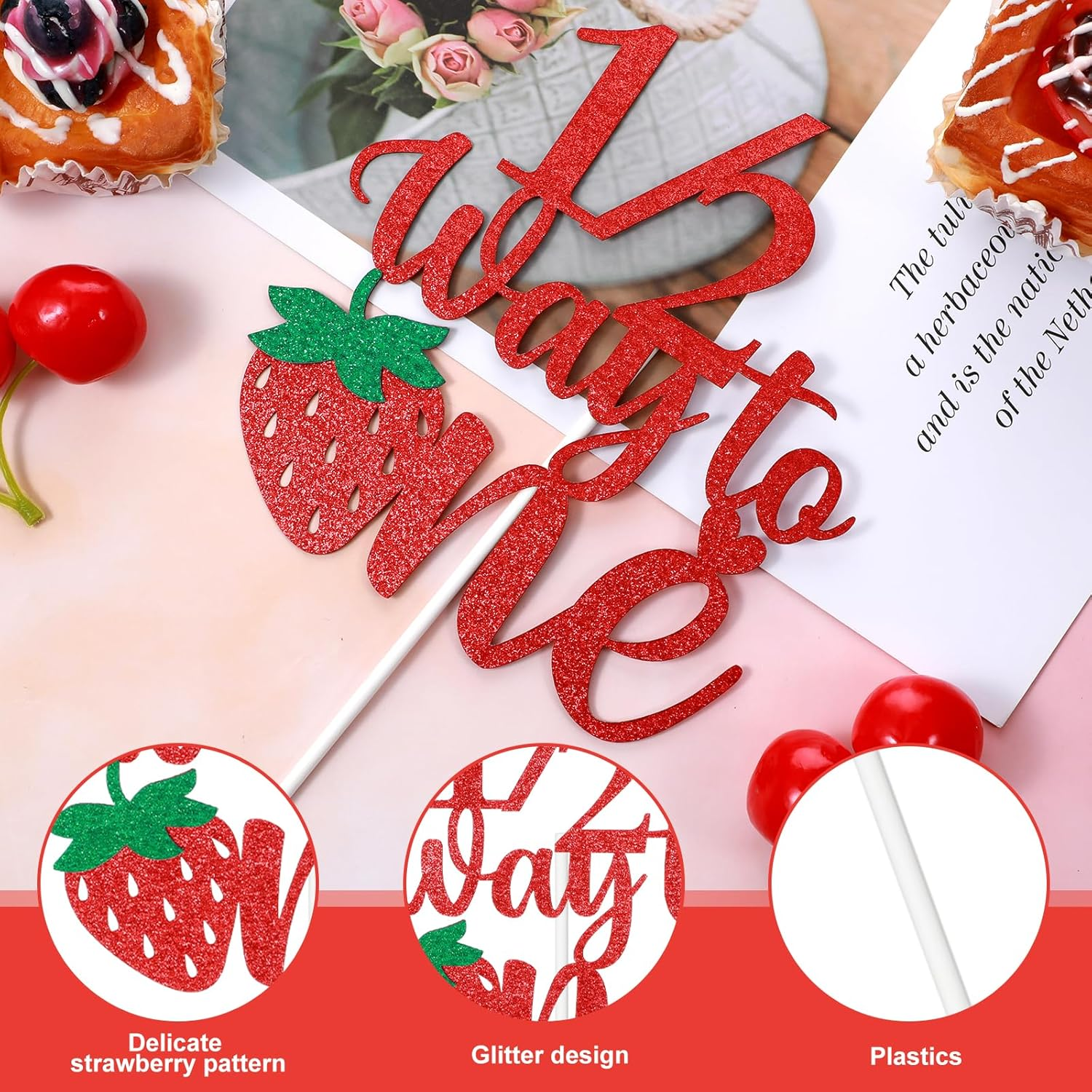 Strawberry Half Birthday Cake Topper, Berry Sweet 6 Months Celebration, Glitter Cake Pick, Happy Birthday Decorations image number 5