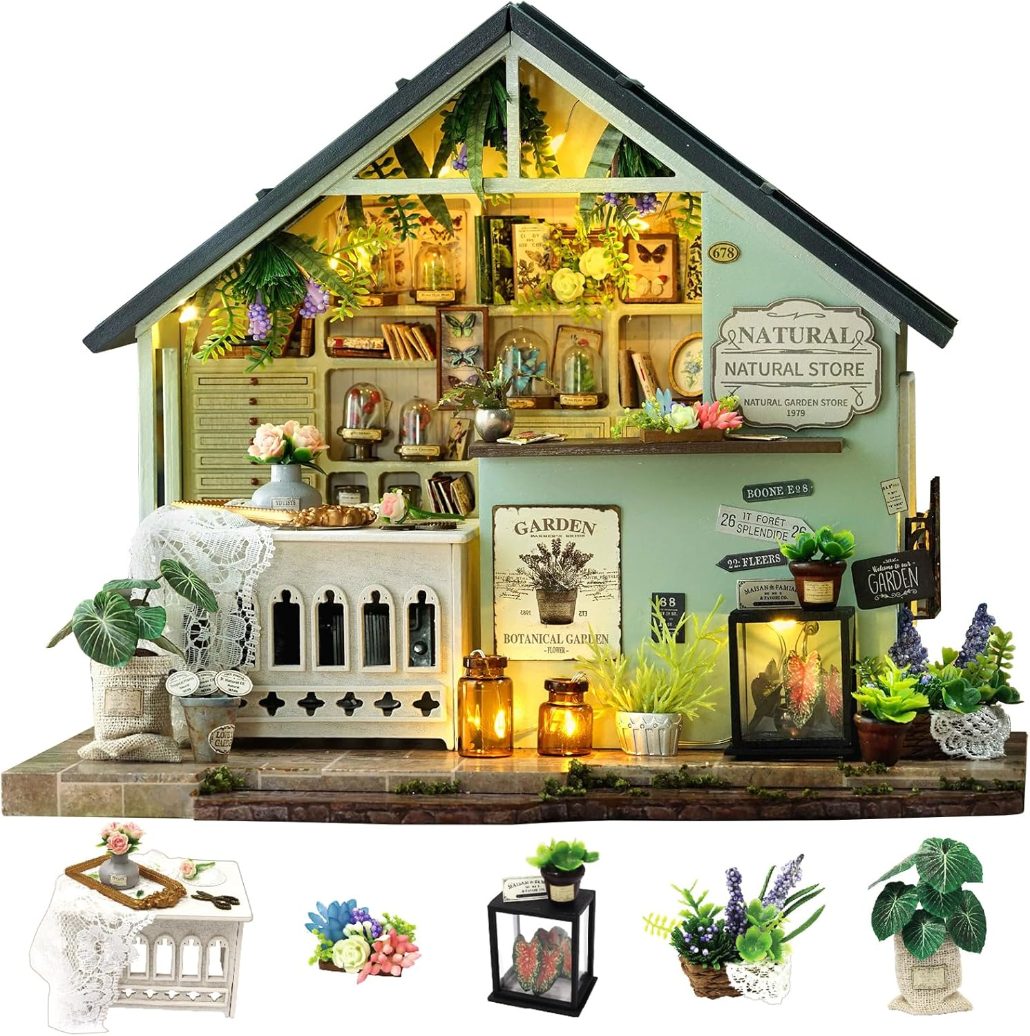 CUTEROOM DIY Miniature Cat Shop Dollhouse Kit with LED Lights&Music Box, Purple and White, Includes Furniture and Accessories Best Gifts for Aldult (Kitten Paradise)