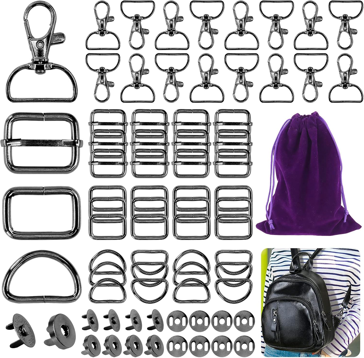 Mardatt 100 PCS 3 Colors Hardware Buckles Kit Including D-Ring, Triangle Slide Square Rings Magnetic Snap Swivel Clasp Hooks, Black