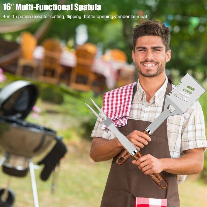 31Pcs BBQ Grill Accessories Set for Men Dad, Heavy Duty Grilling Tools Gifts for Fathers Day, Stainless Steel BBQ Utensils Kit with Mats, Grill Brush in Carrying Bag Brown image number 5