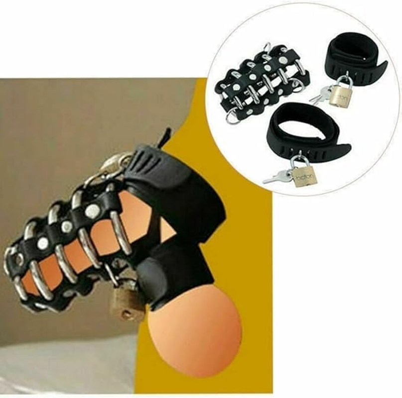 Real Leather Metal Ring Scrotum BDSM Male Chastity Ball Stretcher Device Cage for Men Adults Sex Toys image number 2