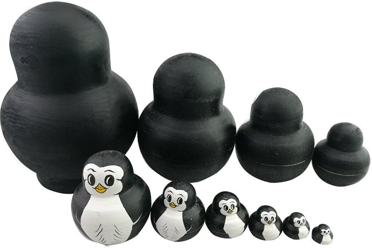 Winterworm Cute Lovely Mini Animal Nesting Dolls Matryoshka Doll Russian Doll Set 10 Pieces Wooden Handmade Kids Toy Gift Home Decoration Perfect (Penguin). image number 6