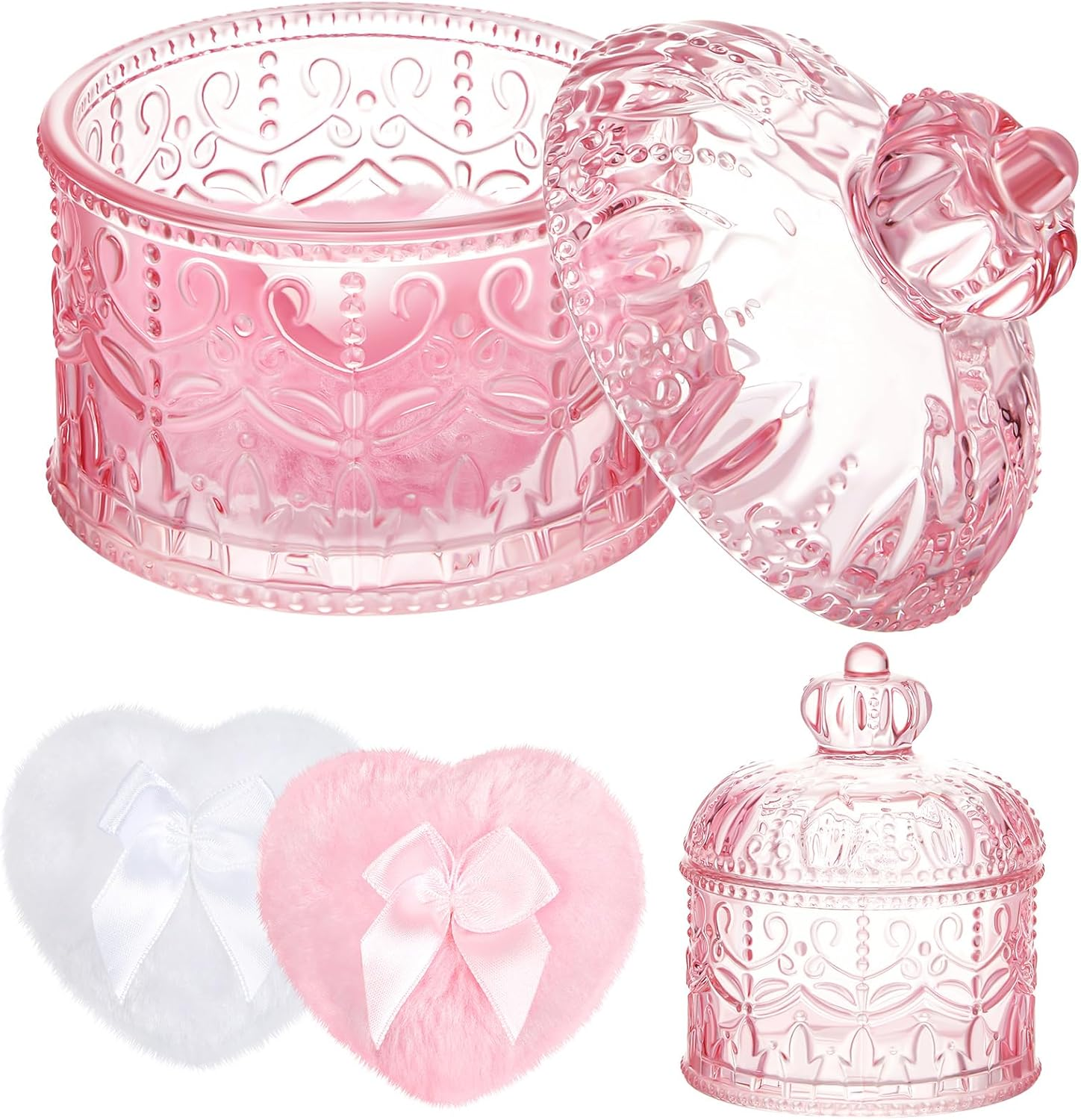 Tioncy 3 Pcs Large Body Powder Puff and Container Powder Container with Puff Powder Puff Crystal Container Soft Washable Reusable Velour Face Body Glitter Powder Puff Wet Dry Makeup(Pink, Crown) image number 1