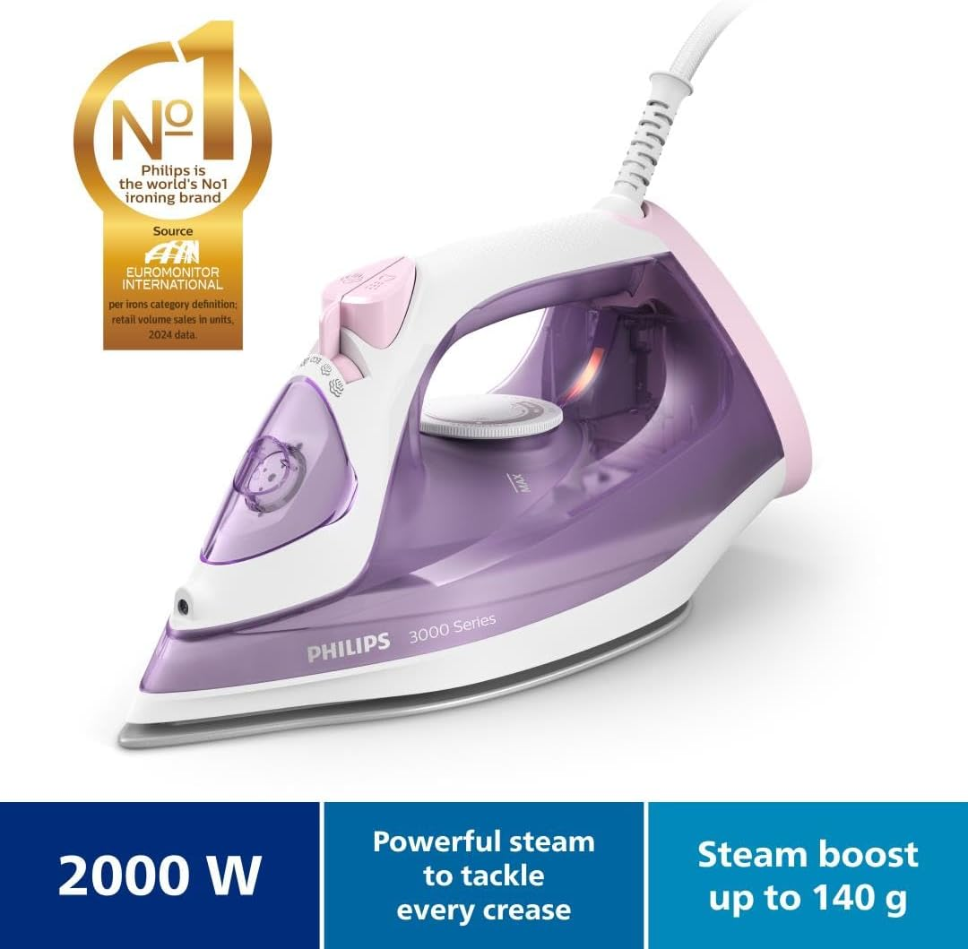 Philips Perfect Care 3000 Series Steam Iron, 2000 W Power, 30 G/Min Continuous Steam, 140 G Steam Boost, 300 Ml Water Tank, Ceramic Soleplate, Purple (DST3010/39) image number 1