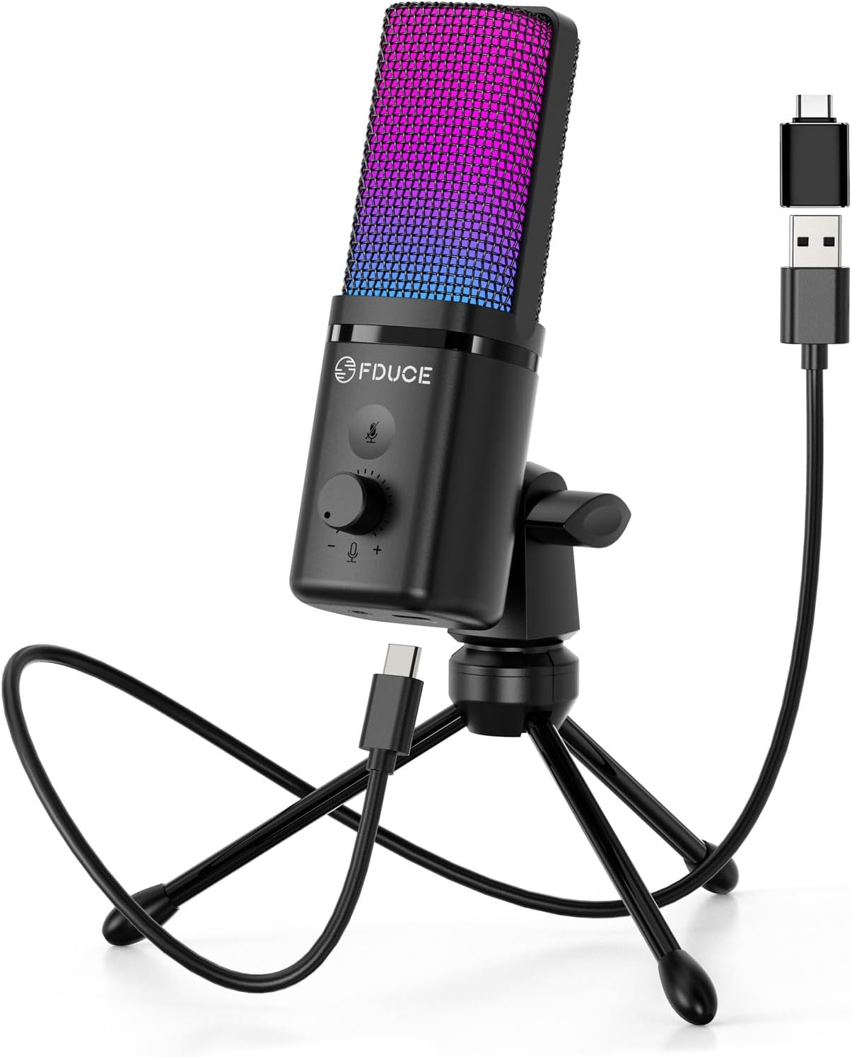 FDUCE M160 Gaming USB Microphone,Rgb Condenser Microphone with Tripod,Volume Adjustment and Mute Button Function,Compatible with Pc,Laptop,For Gaming,Podcasting,Streaming,Youtube