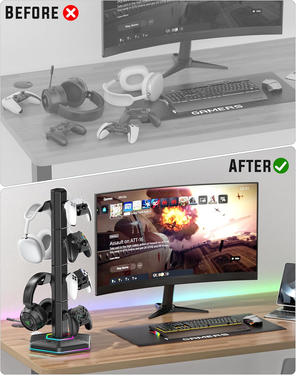 Kytok RGB Controller Holder for Ps5/Ps4/Xbox/Switch, Headphone Stand with 2 USB Charging Ports & Type-C & Headphone Jack, Controller Stand with Cable Organizer, Headset Holder for Desk, 4 Tiers Black image number 3