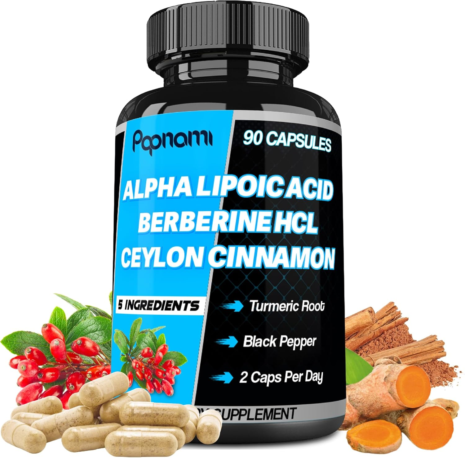 Papnami 5-In-1 Alpha Lipoic Acid Supplements | Blended with Berberine Hcl, Ceylon Cinnamon, Turmeric & Black Pepper | Support Natural Antioxidant | 90 Count
