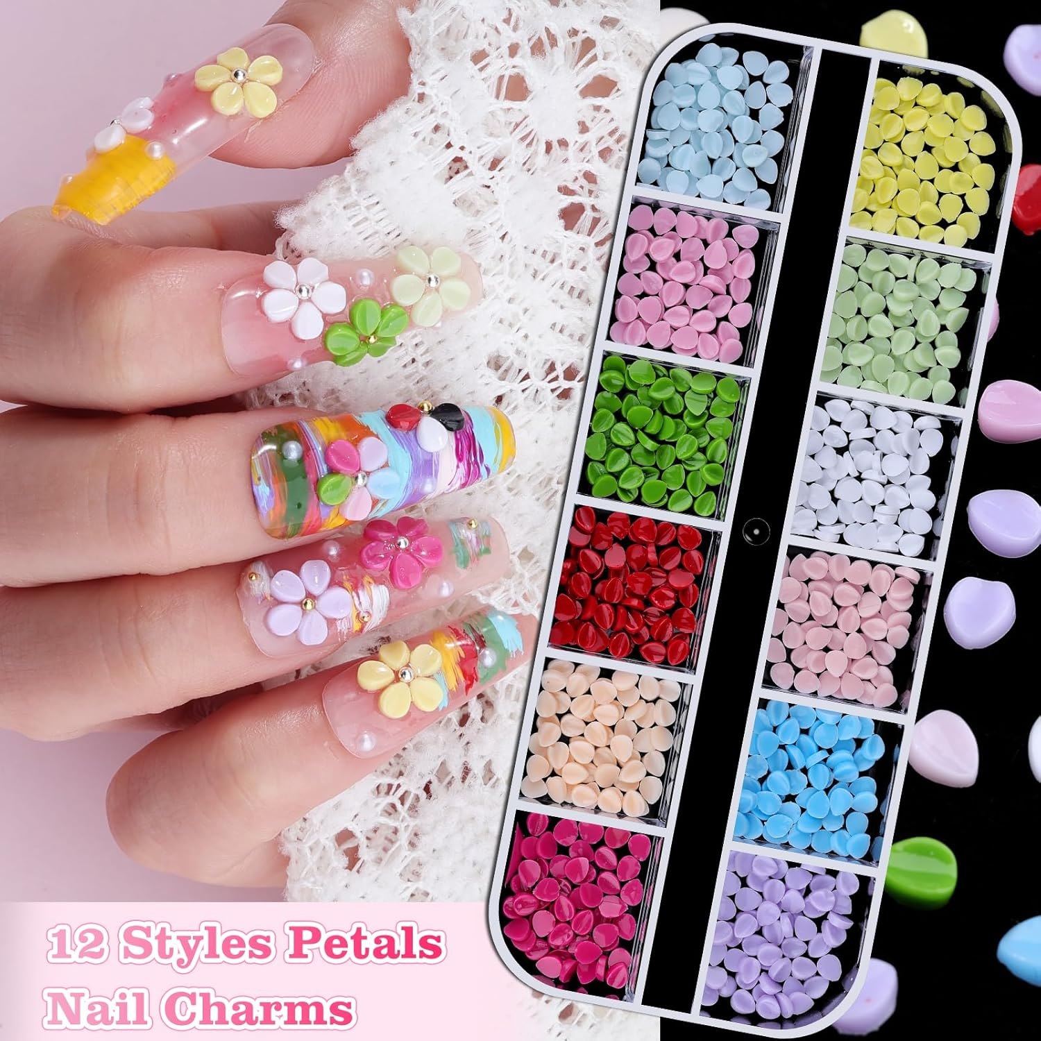 6 Boxes 3D Flower Nail Charms, Colorful Hibiscus Nails Ice Translucent Flower Nail Charms Cute Butterfly Petals Nail Gems with Pickup Tools for Nail Art Manicure DIY image number 6