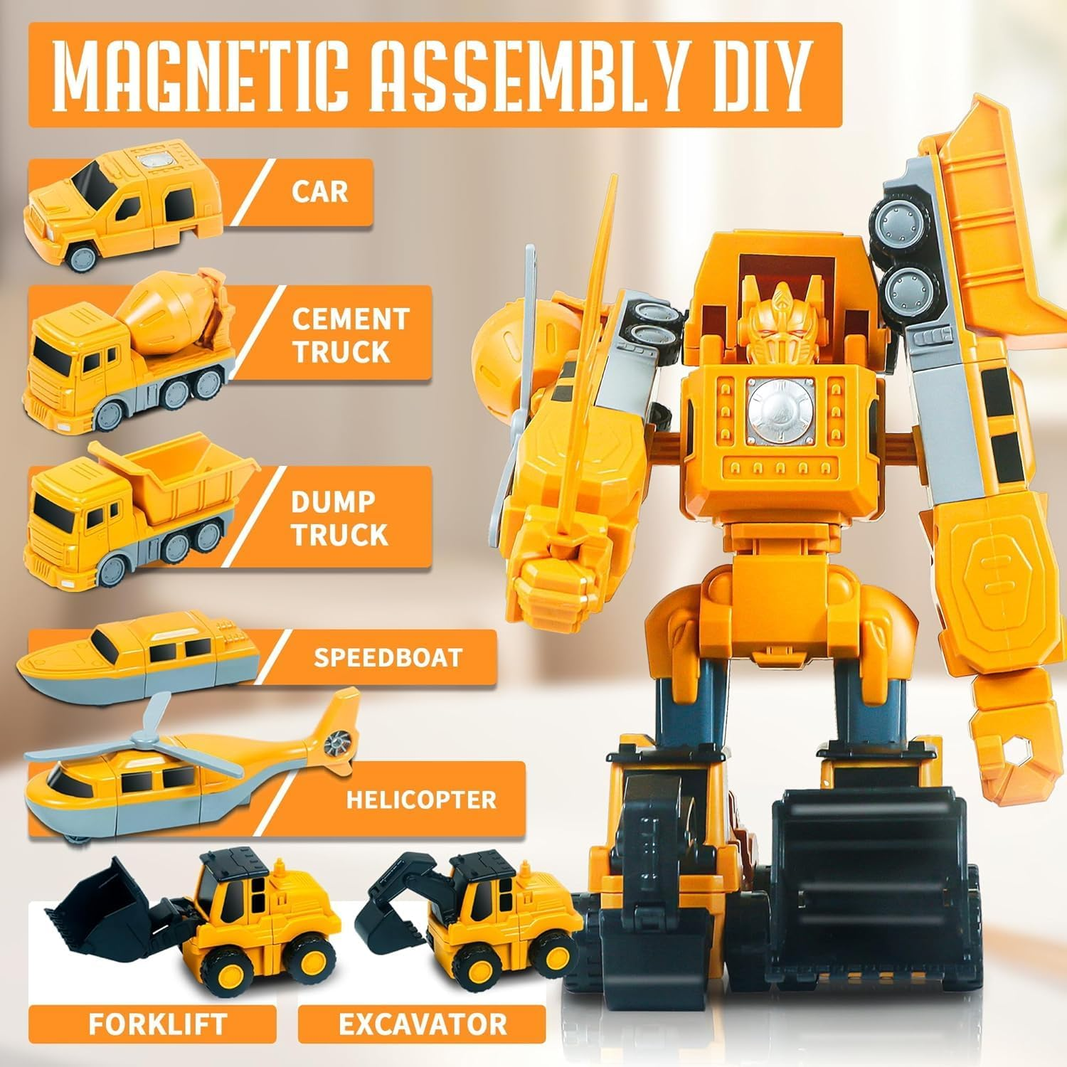 35Pc Magnetic Transform Engineering Car Set - Yellow Construction Toy Vehicle Set for Kids Aged 5-10, Includes Cars, Trucks, Forklifts, Excavators, Robots image number 6