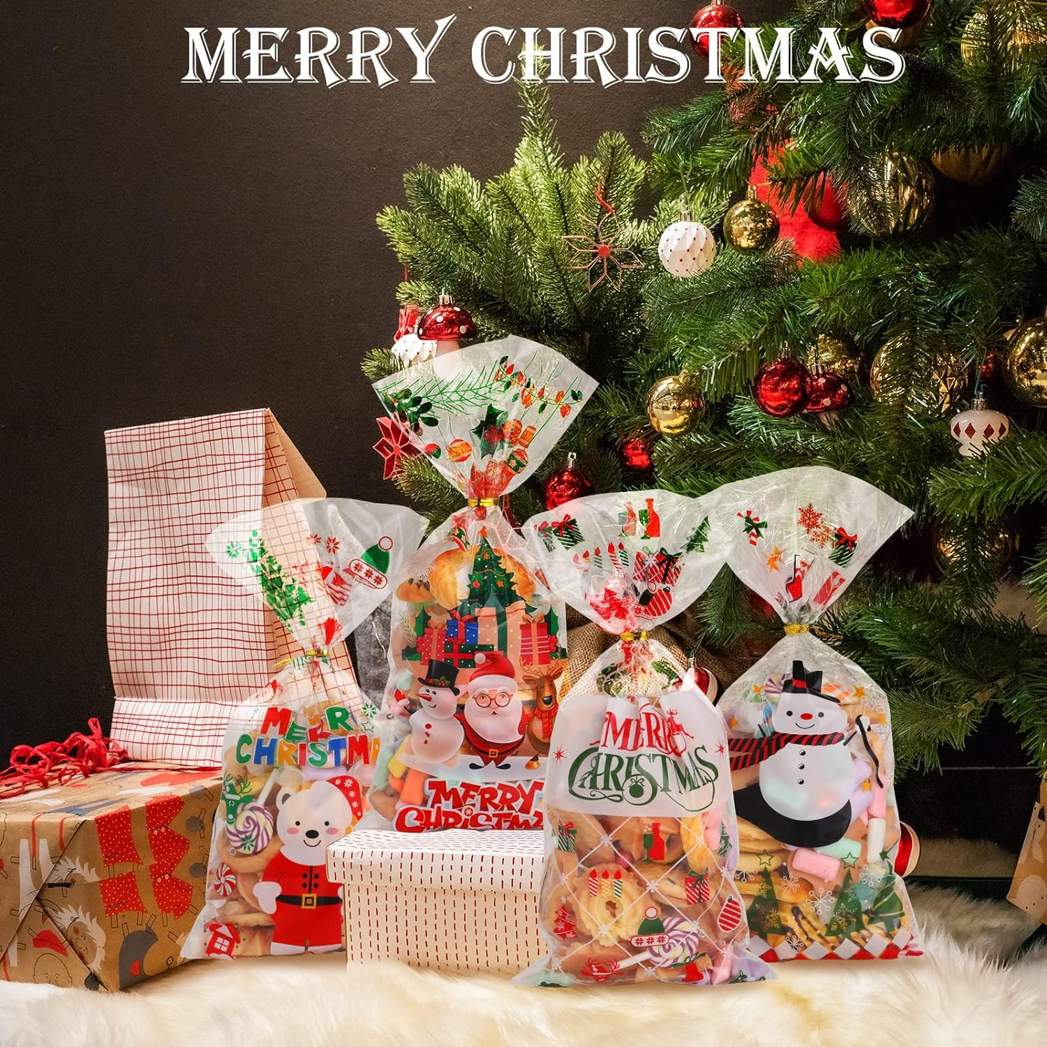 Geeric Xmas Candy Bags with Twist Tie - 100 PCS, 10 Different Designed Cellophane with Christmas Snowman, Tree, Santa Claus, Snowflake, Elk Print Pattern Cookie Bags - Style 5 image number 4
