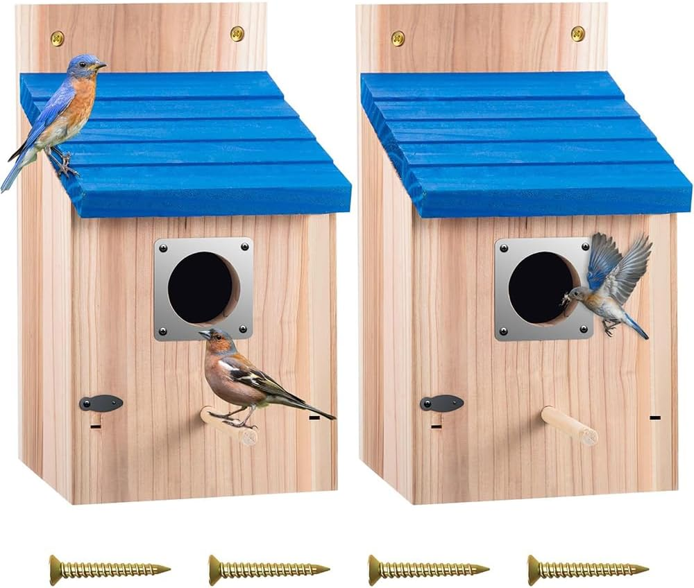 2 Pack Cedar Bluebird Box Houses for Outside,Tree Bird Nest Breeding Box,With Metal Guard,Garden Decoration Birdhouses,For Blue Bird,Sparrow,Chickadee,Wren