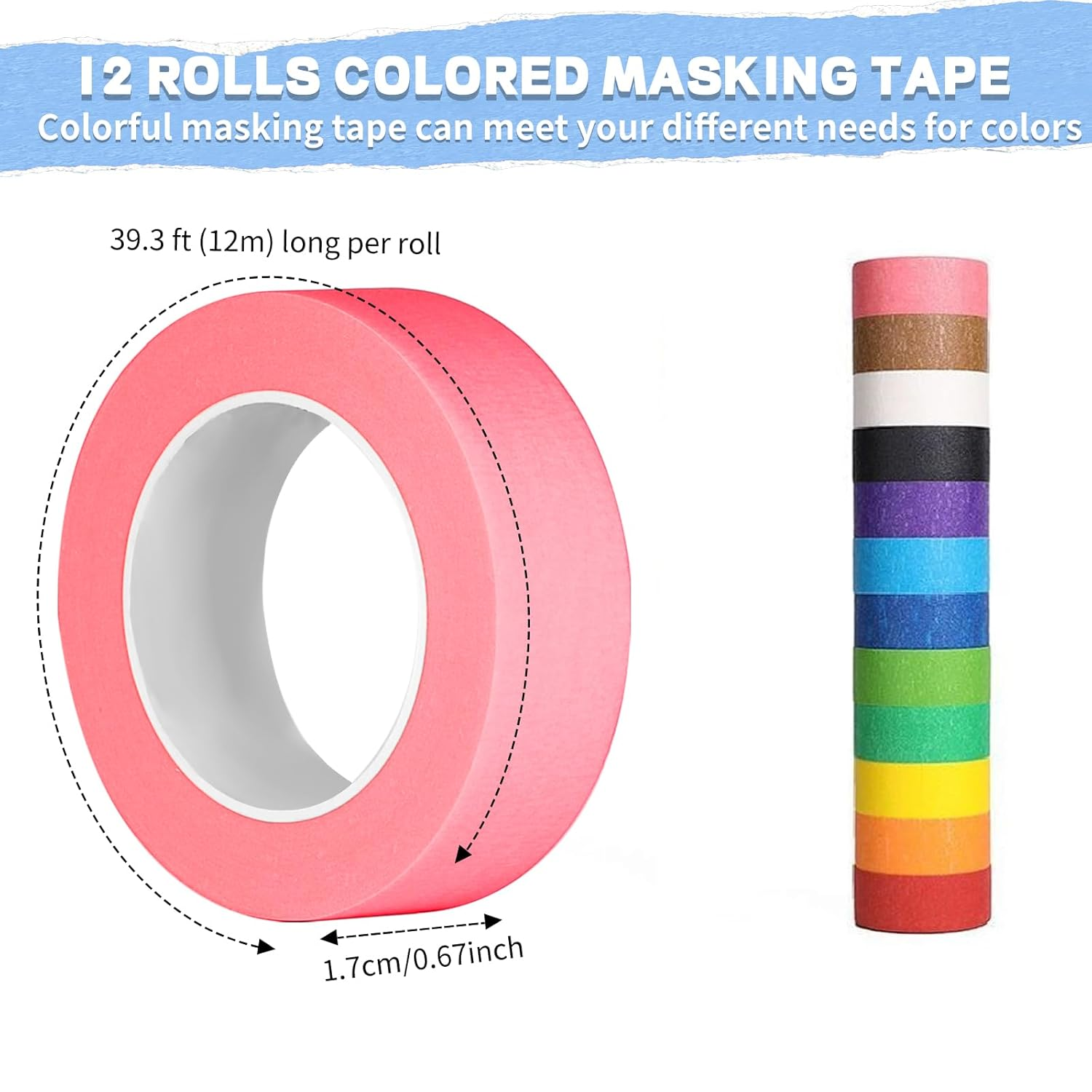 12PCS Colored Masking Tape, Colored Tape for Kids Art Supplies, DIY Craft Tape, Colored Painters Tape for Labeling, Classroom, Decorative, Rainbow Color Tape Rolls 2/3In X 13Yards(1.7Cm X 12M) image number 3