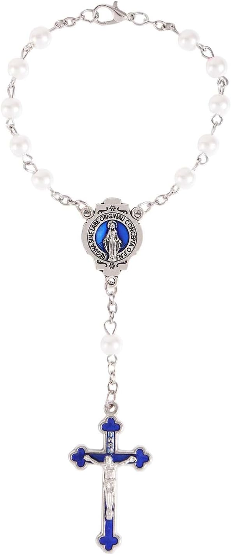 Steering Wheel Rosary Charm, Silver Catholic Car Accessory with Virgin Mary Crucifix and Pearls Rear View Mirror Hanging Ornament for Men & Women image number 4